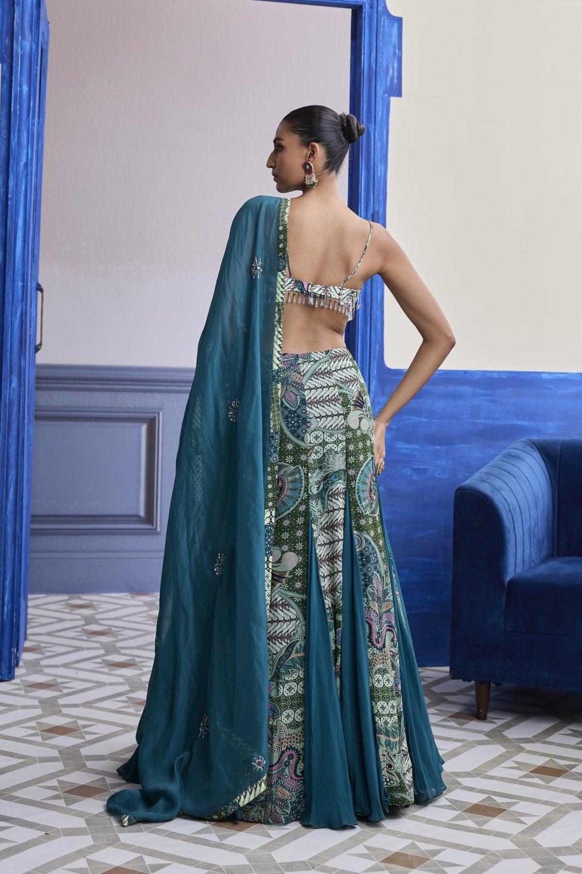 Green Floral Blouse With Godet Skirt & Embroidered Dupatta Set