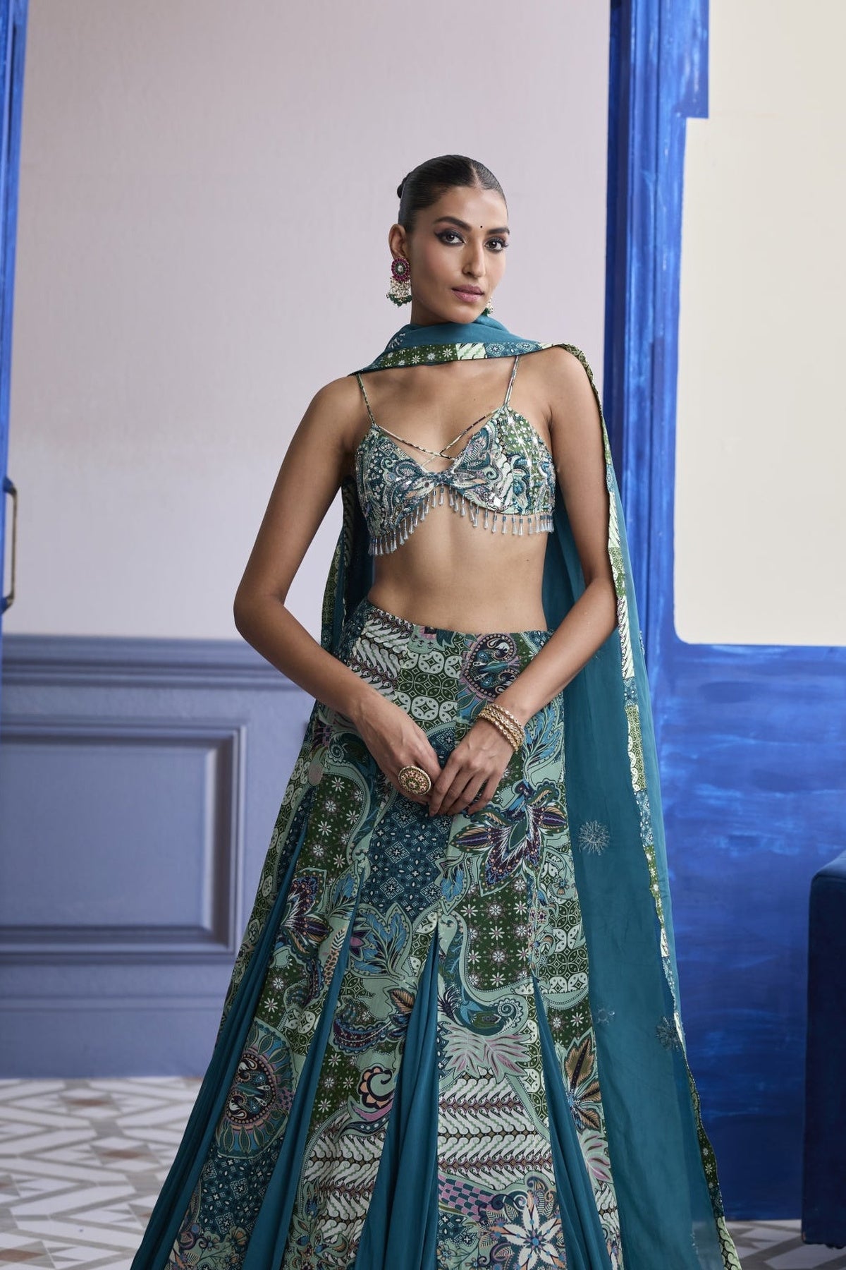 Green Floral Blouse With Godet Skirt & Embroidered Dupatta Set
