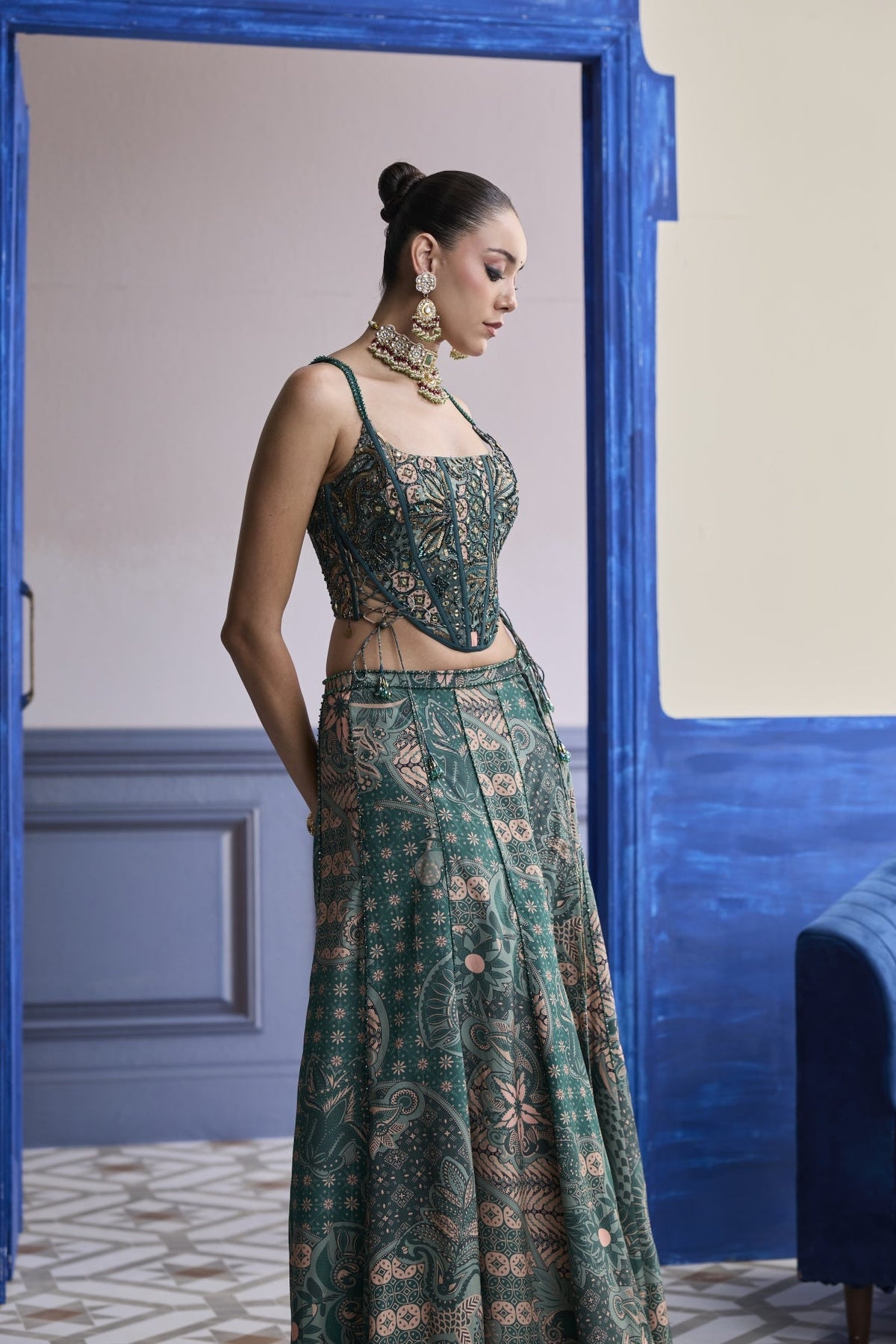 Teal Floral Corset With Tie-Up Detail & Panelled Slit Skirt Set