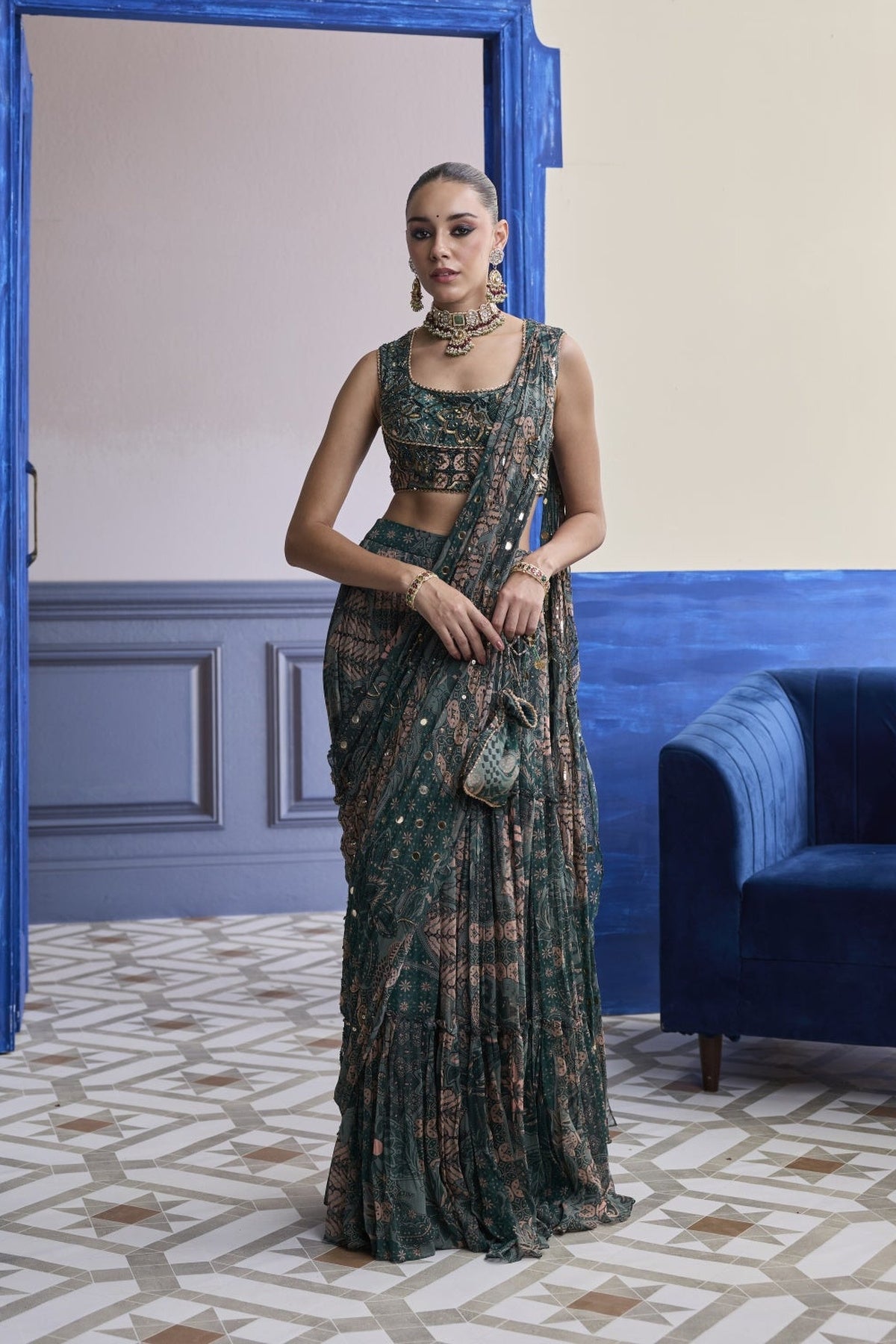 Teal Floral Blouse With Draped Tiered Saree Skirt Set