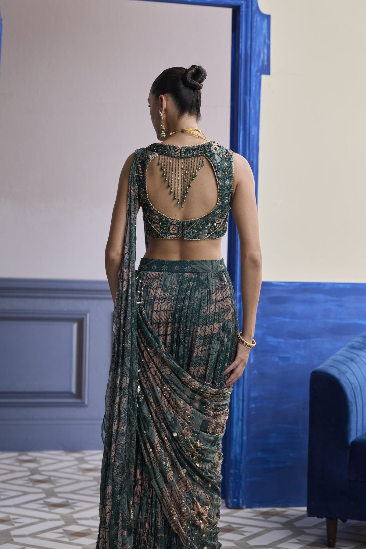 Teal Floral Blouse With Draped Tiered Saree Skirt Set