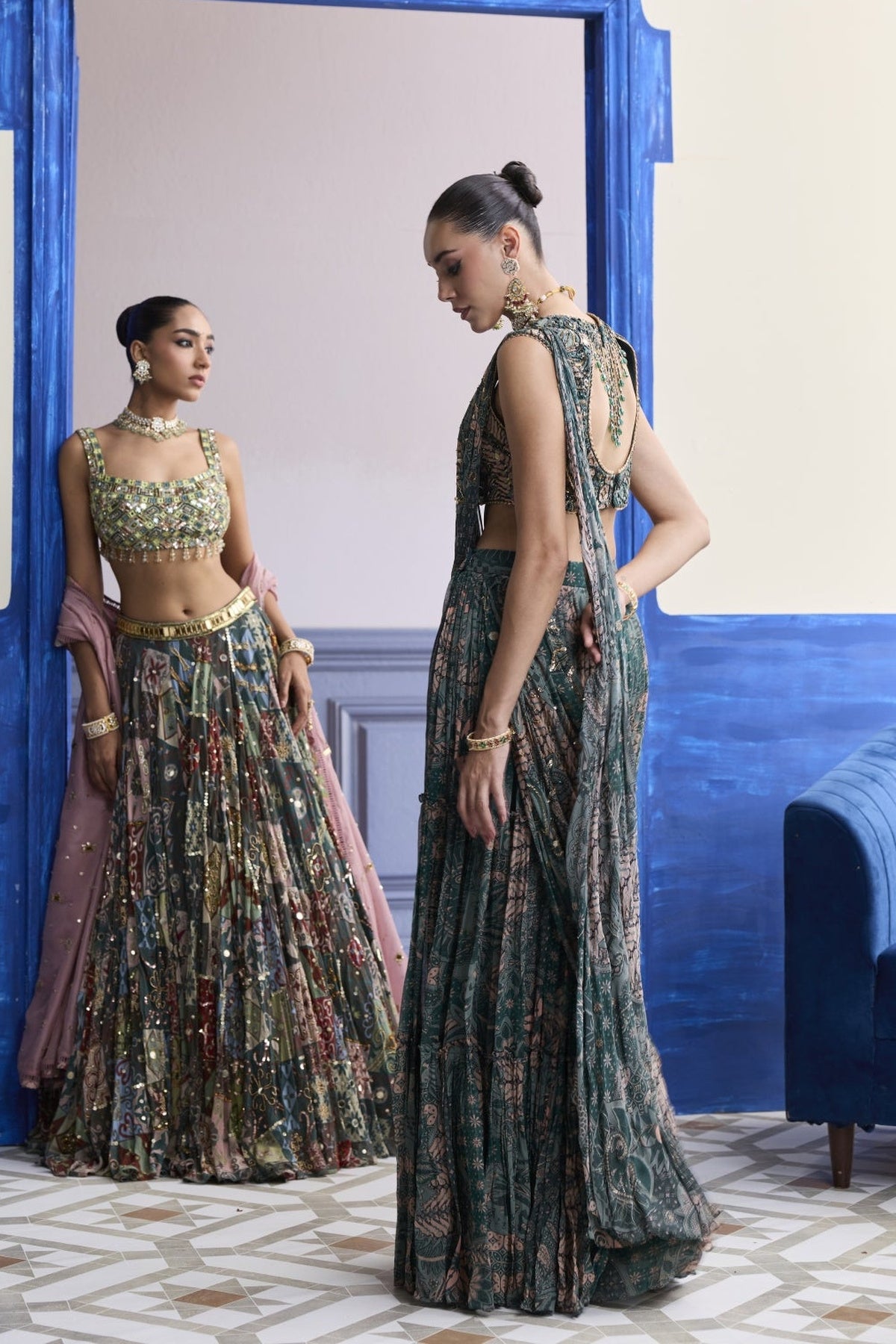 Teal Floral Blouse With Draped Tiered Saree Skirt Set