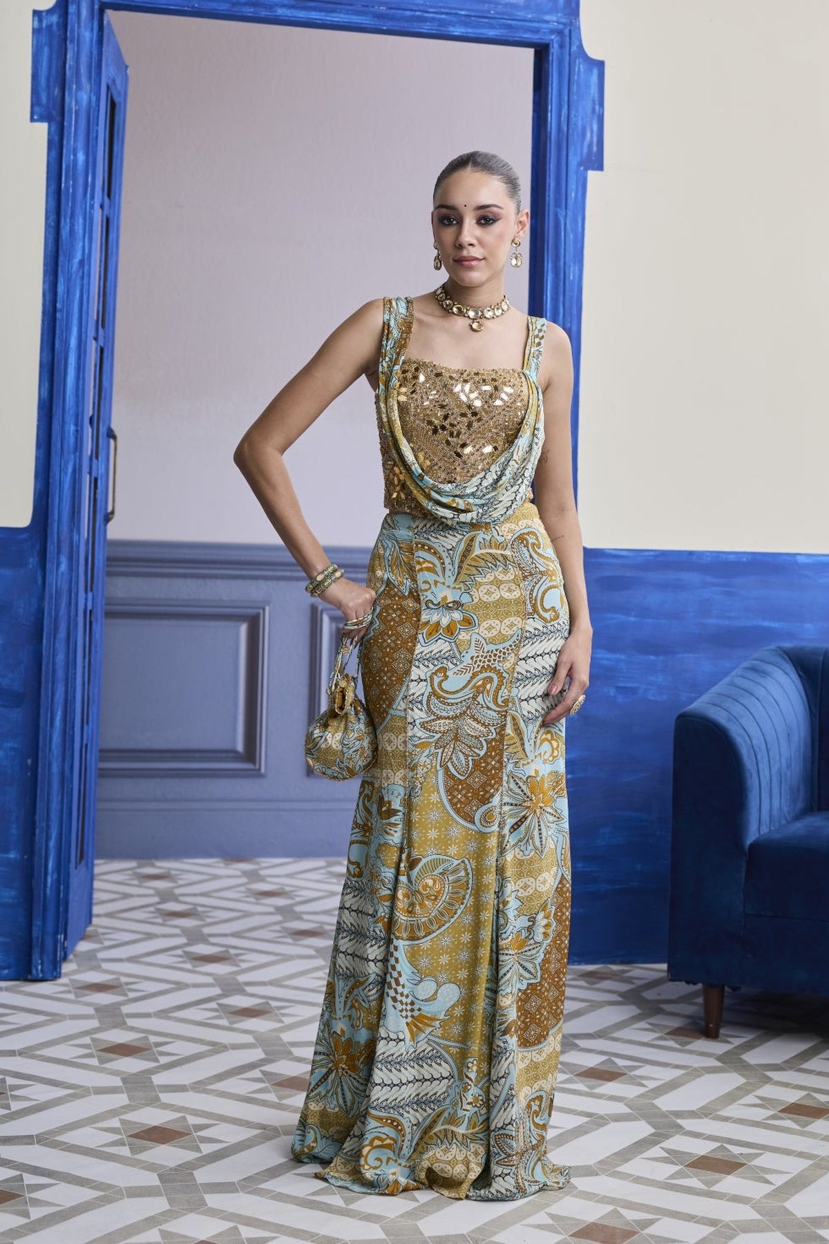 Gold Embroidered Corset With Floral Cowl & Mermaid Skirt Set