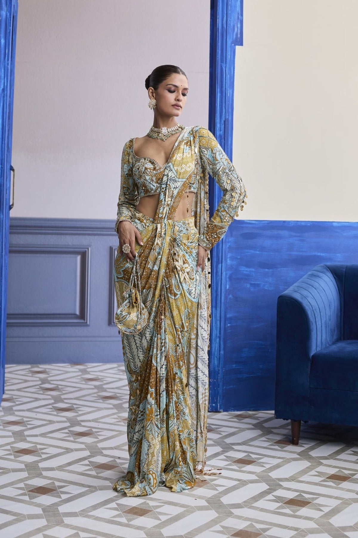 Yellow Floral Blouse With Coordinated Printed Dhoti Saree Set