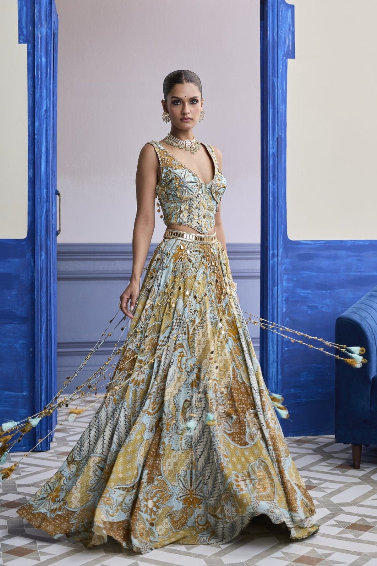 Yellow Floral Corset With Tassel Lehenga & Printed Dupatta Set