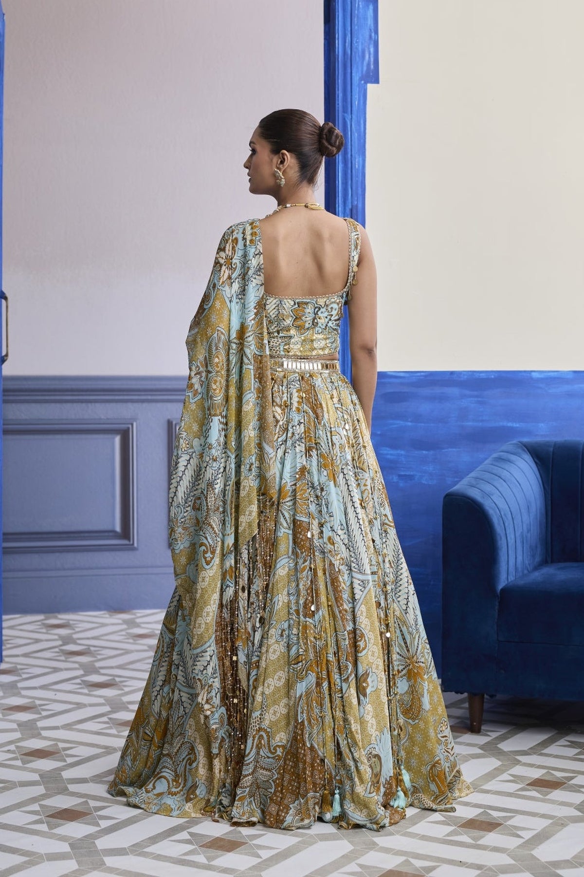 Yellow Floral Corset With Tassel Lehenga & Printed Dupatta Set