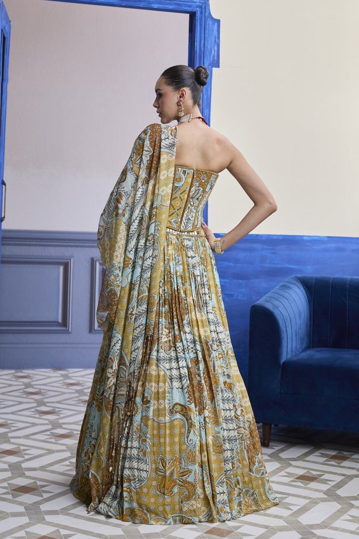 Yellow Floral Corset With Printed Lehenga & Tassel Dupatta Set