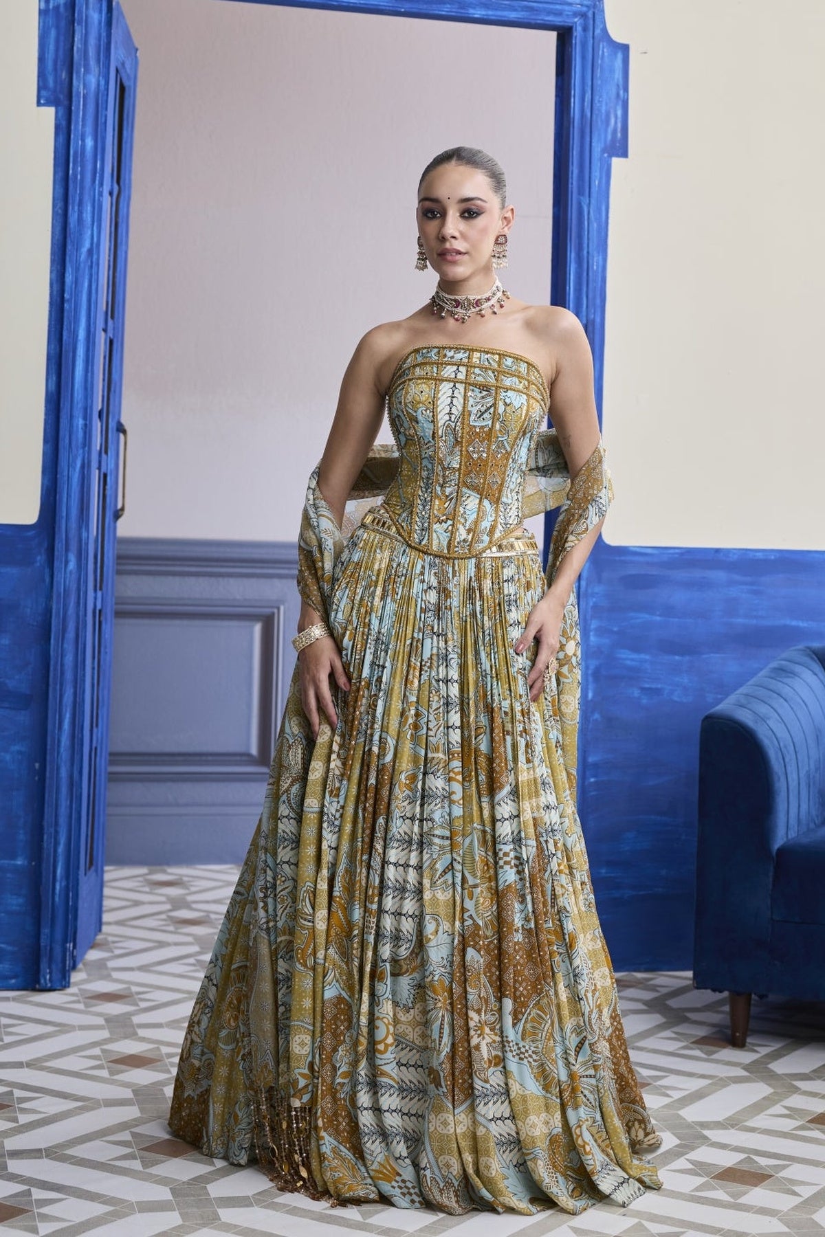 Yellow Floral Corset With Printed Lehenga & Tassel Dupatta Set