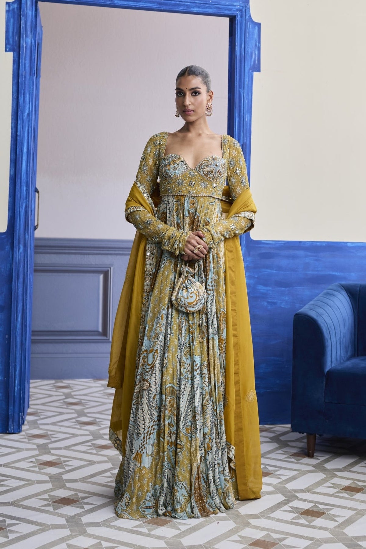Yellow Floral Anarkali With Embroidered Solid Dupatta Set