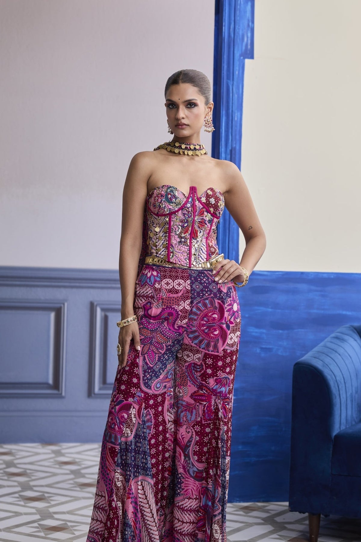 Fuchsia Floral Corset With Godet Pants & Choker Dupatta Set