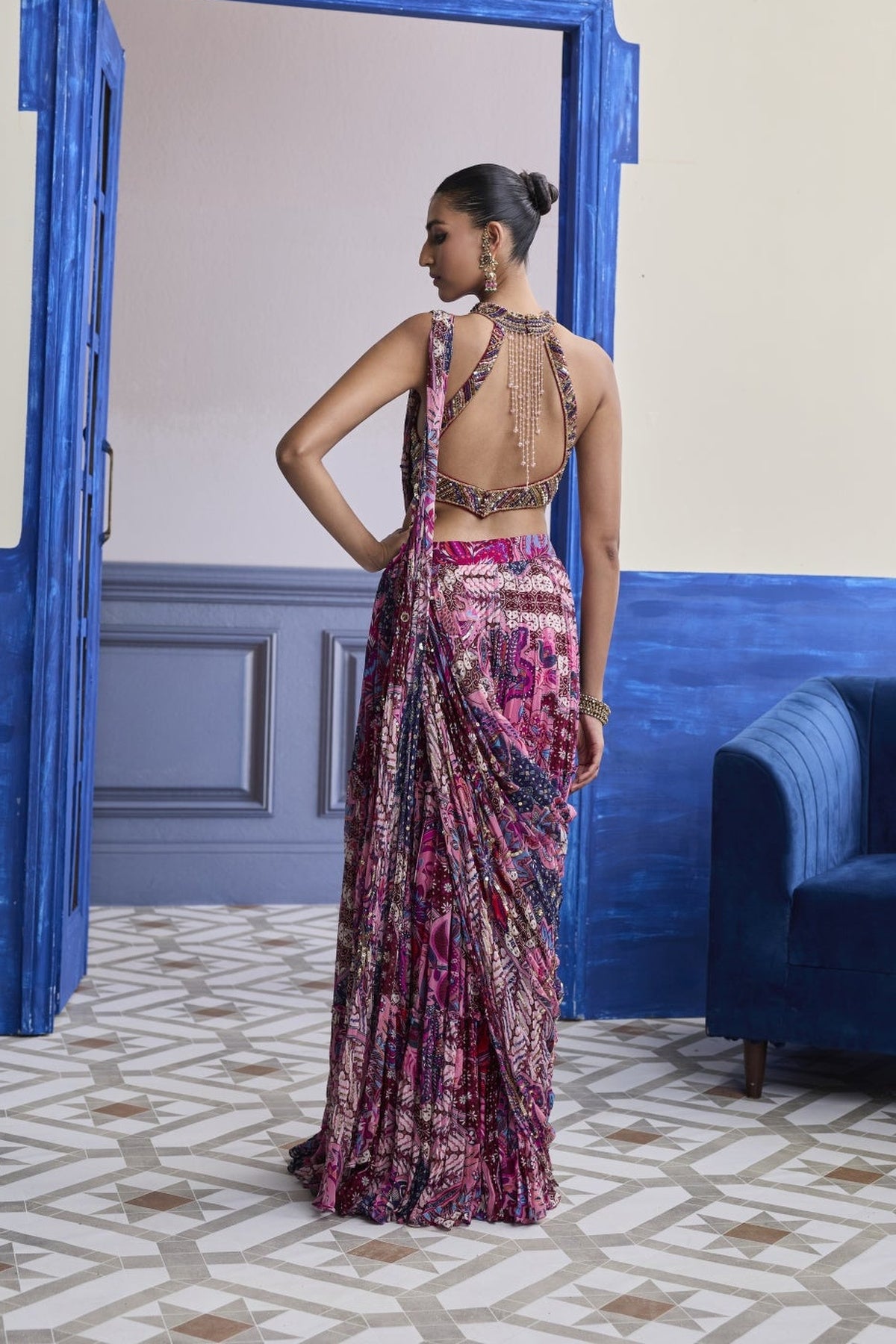 Fuchsia Embroidered Blouse With Floral Drape Tiered Saree Set