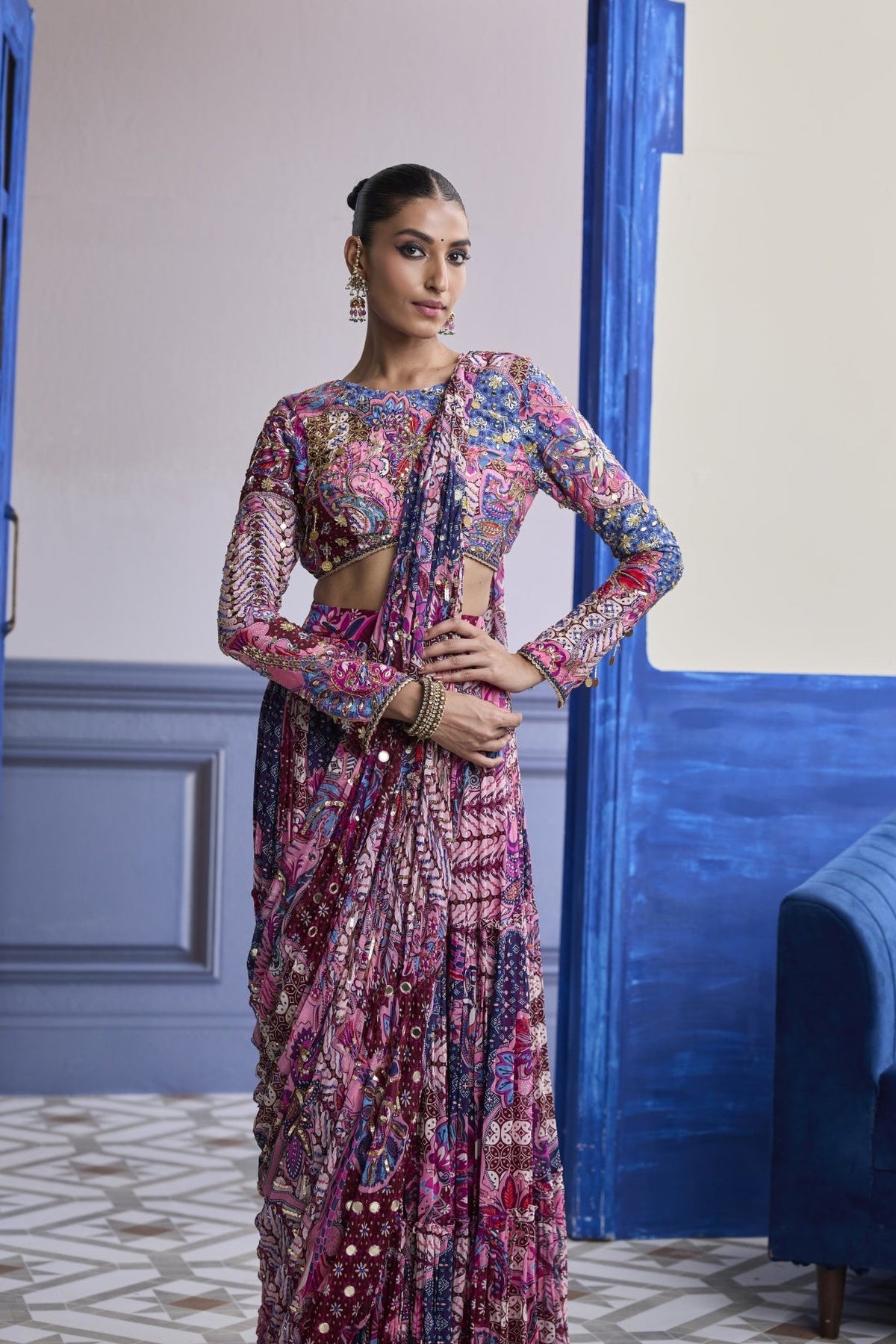 Fuchsia Floral Blouse With Drape Tiered Saree Skirt Set