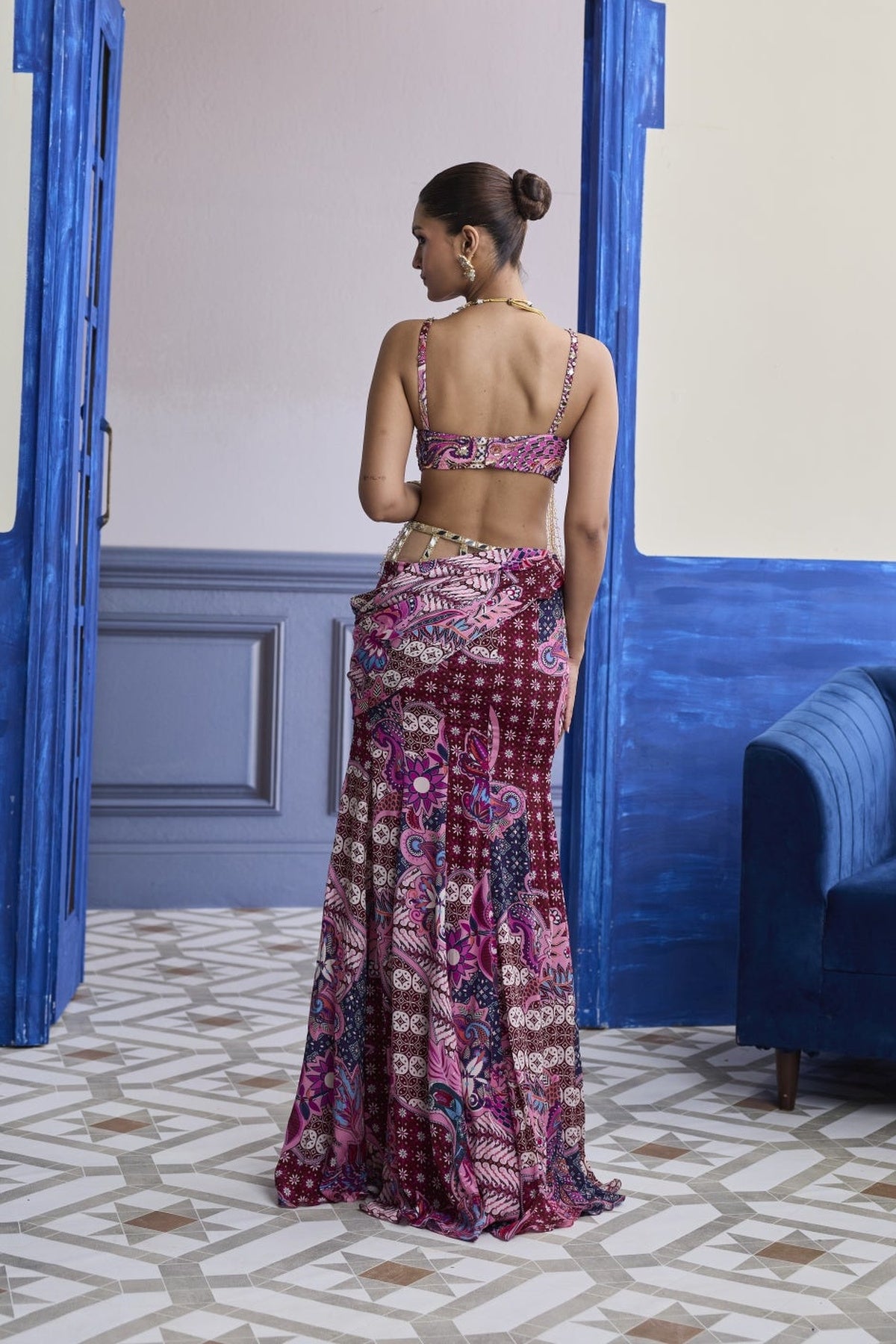 Fuchsia Floral Tassel Blouse With Cowl Structured Skirt Set