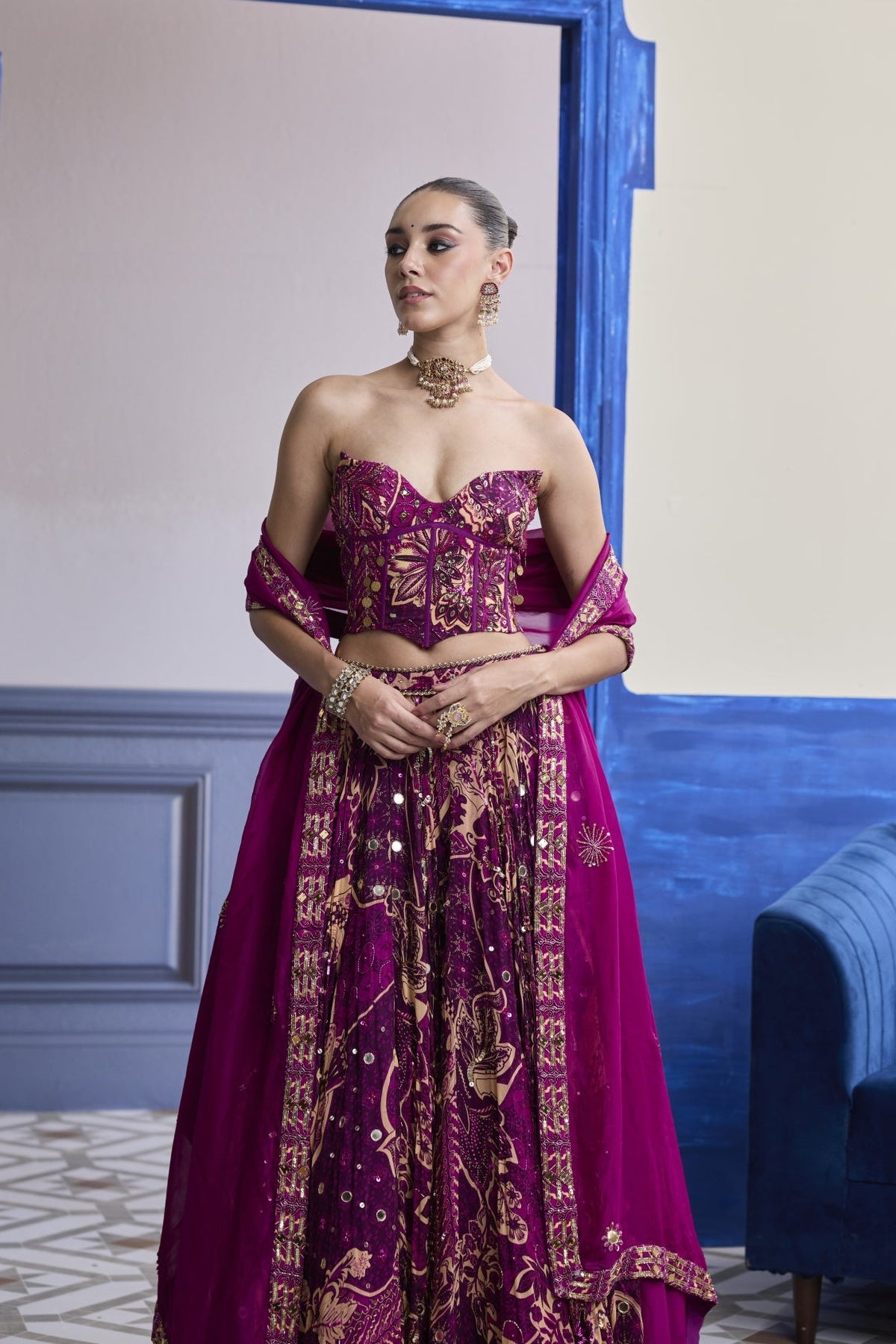 Magenta Highlighted Corset With Lehenga & Embroidered Dupatta Set