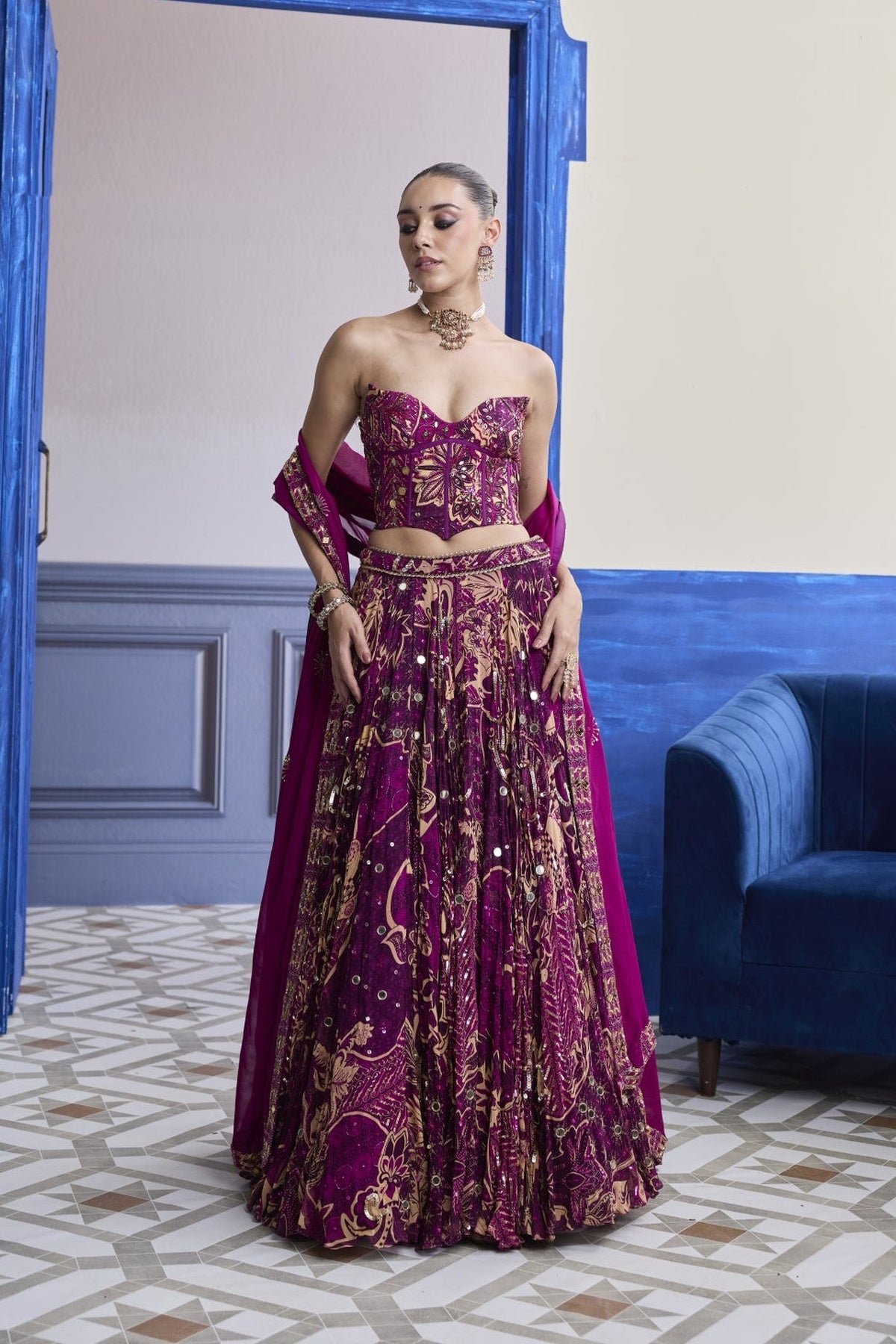 Magenta Highlighted Corset With Lehenga & Embroidered Dupatta Set