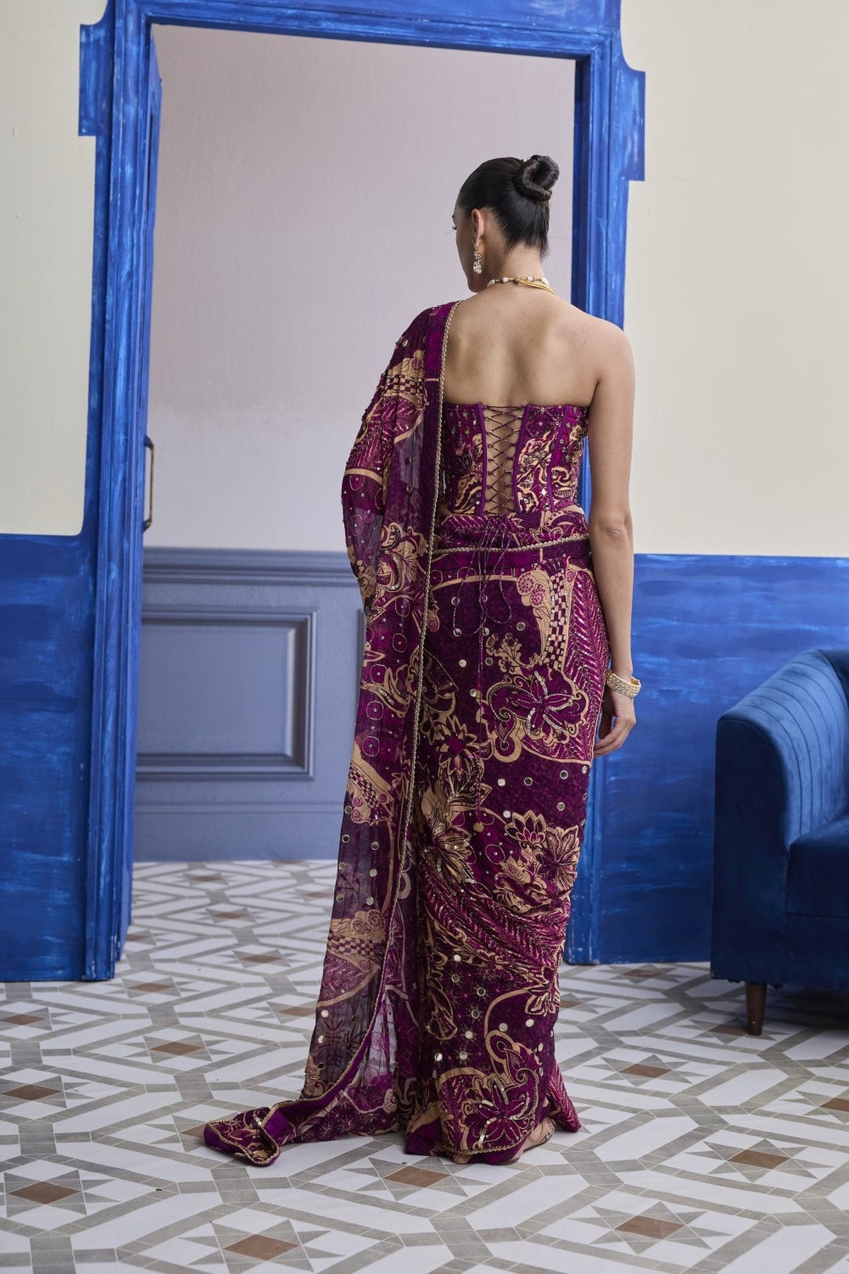 Magenta Floral Corset With Drape Classic Skirt Saree Set