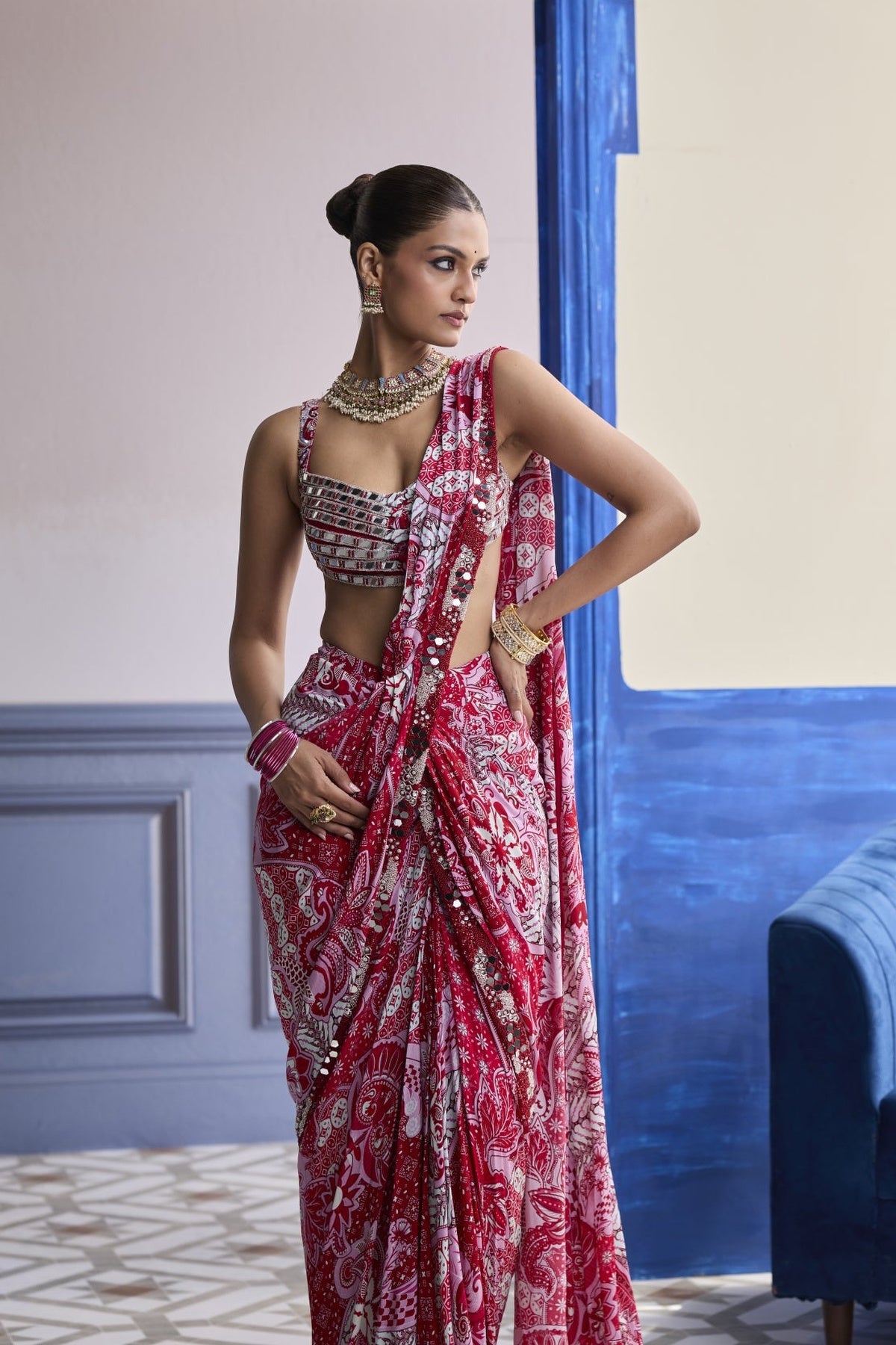 Red Mirror Work Blouse With Printed Dhoti Saree Set
