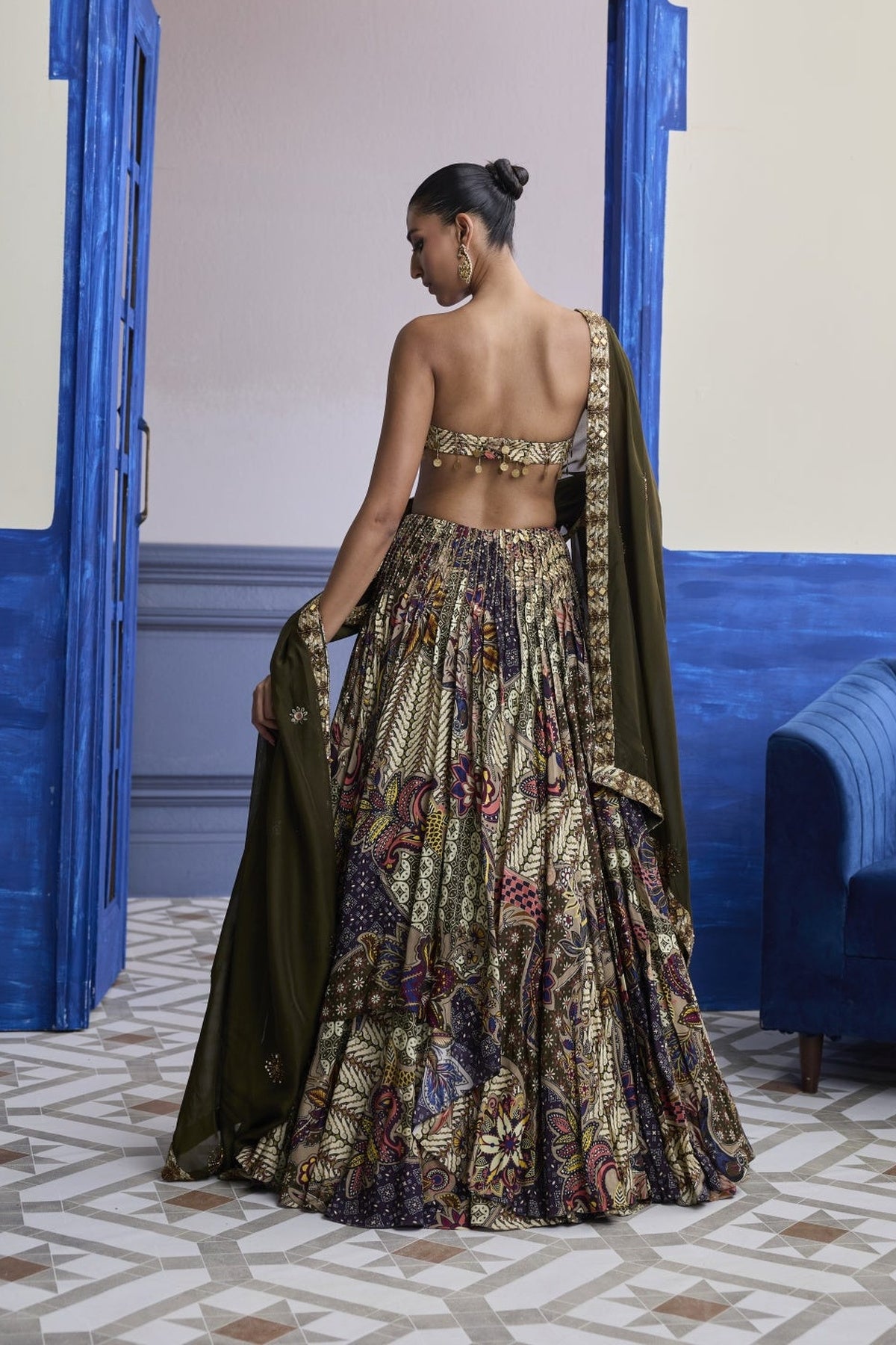 Olive Print Blouse With Highlighted Lehenga & Embroidered Dupatta Set