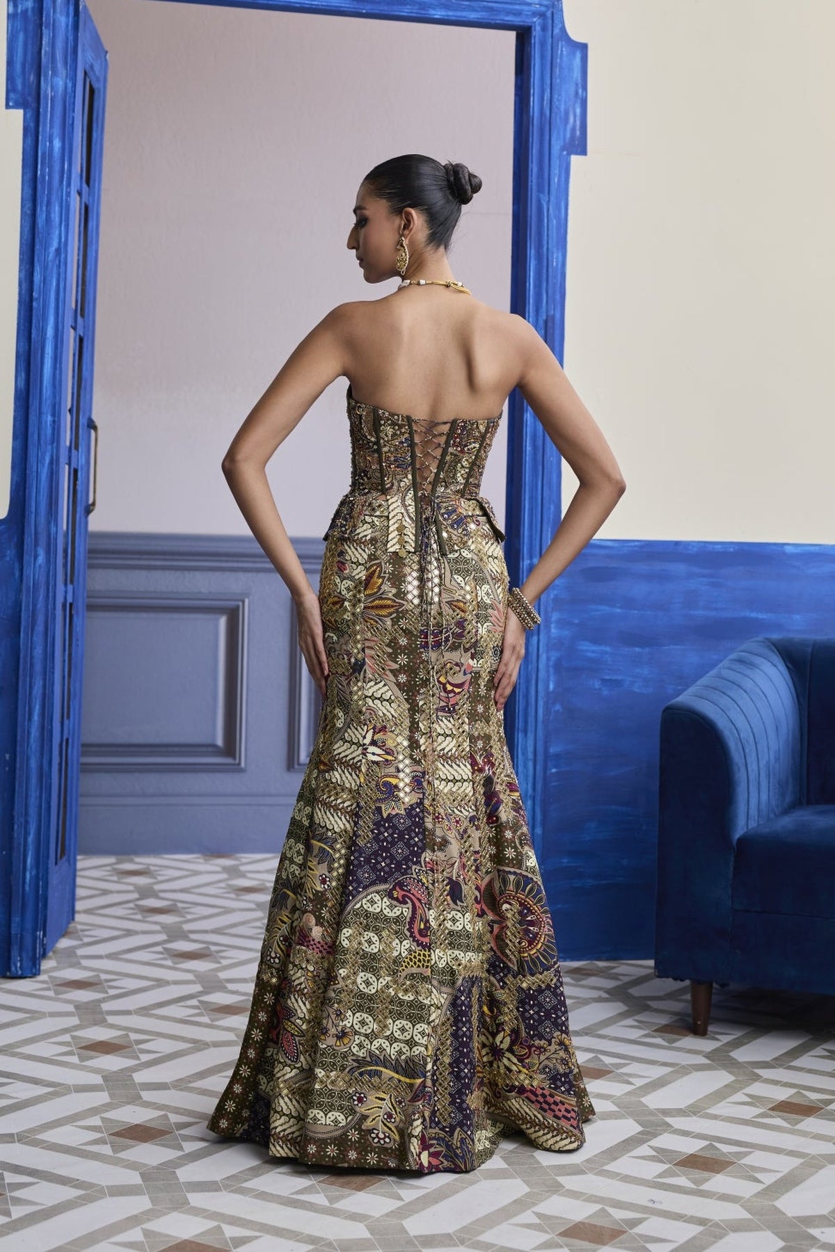Olive Print Corset With Highlighted Mermaid Skirt Set