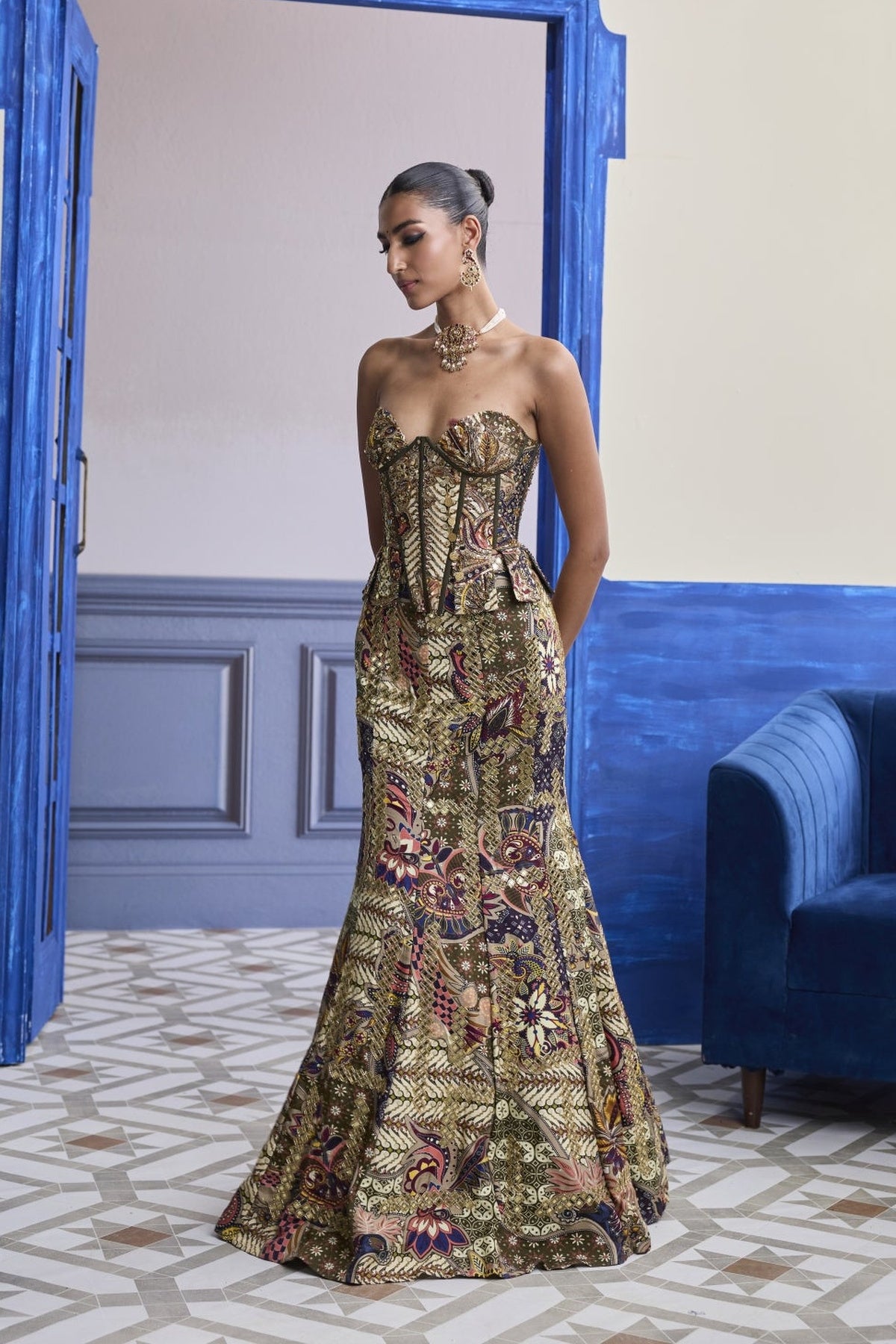 Olive Print Corset With Highlighted Mermaid Skirt Set