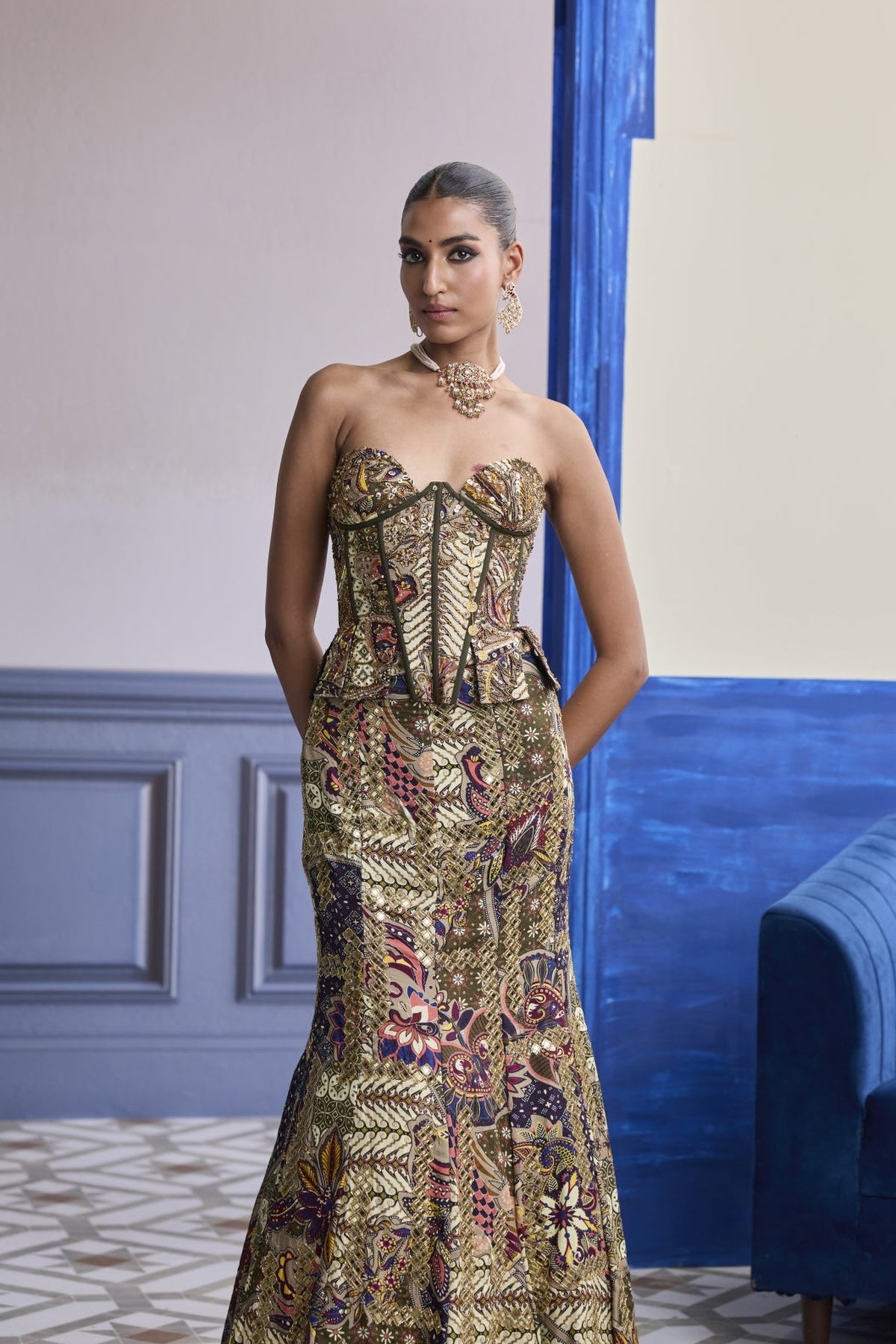 Olive Print Corset With Highlighted Mermaid Skirt Set