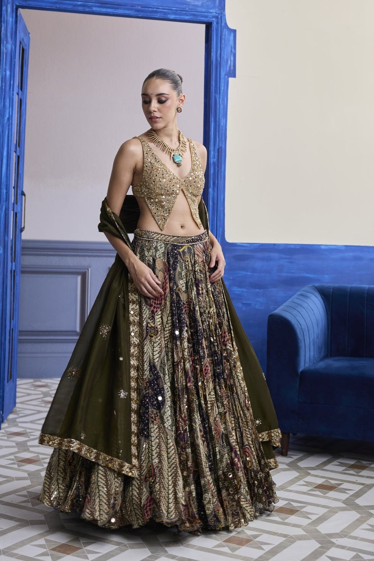 Gold Embroidered Blouse With Highlighted Lehenga & Embroidered Dupatta Set