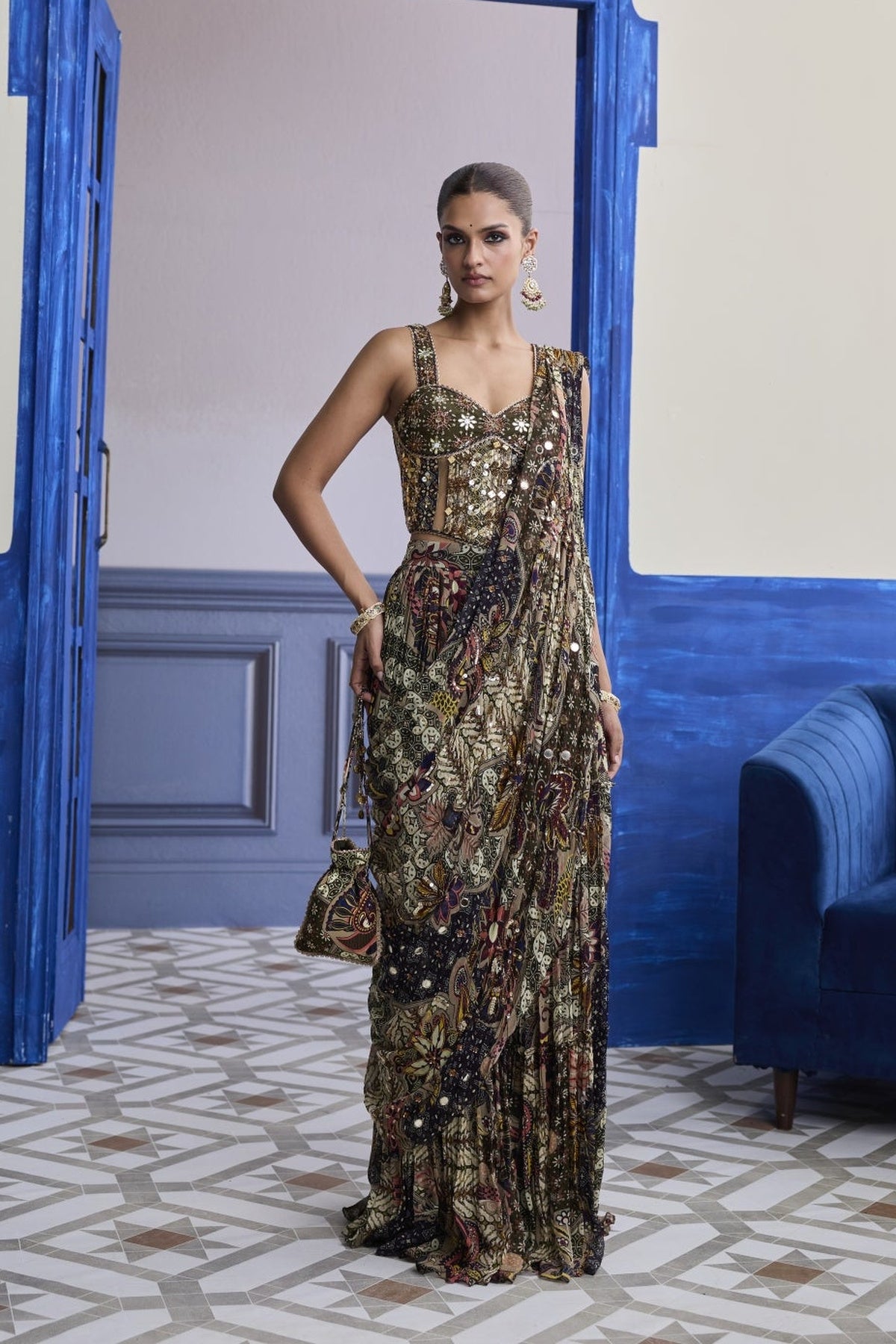 Olive Print Corset With Drape Tiered Skirt Saree Set
