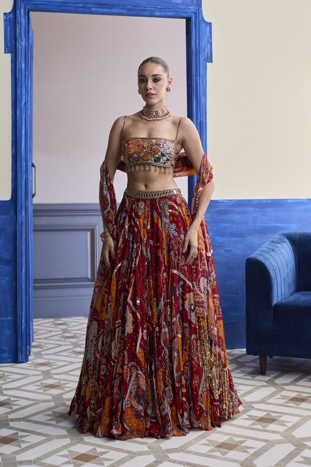 Rust Mosaic Square Neck Blouse With Lehenga & Tassel Dupatta Set