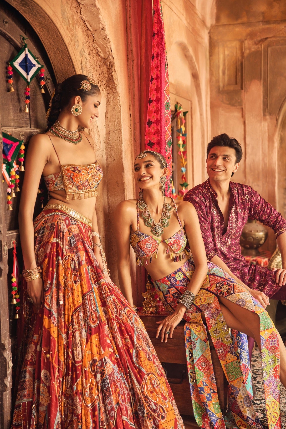 Rust Mosaic Square Neck Blouse With Lehenga & Tassel Dupatta Set
