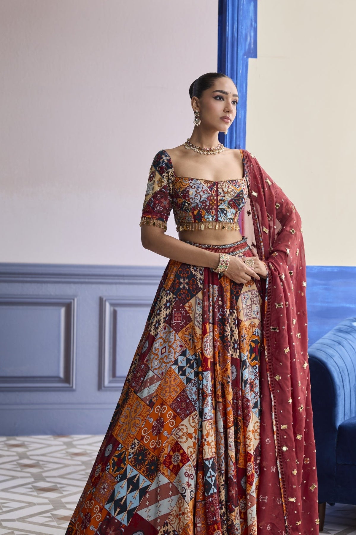 Rust Highlighted Blouse With Lehenga & Embroidered Dupatta Set