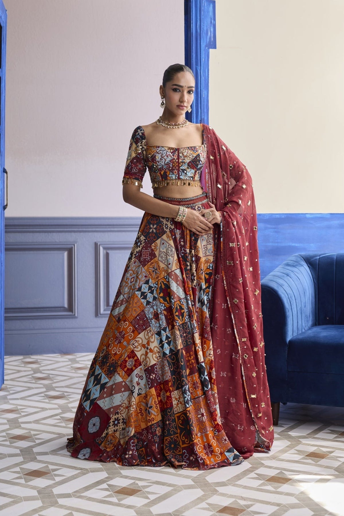Rust Highlighted Blouse With Lehenga & Embroidered Dupatta Set