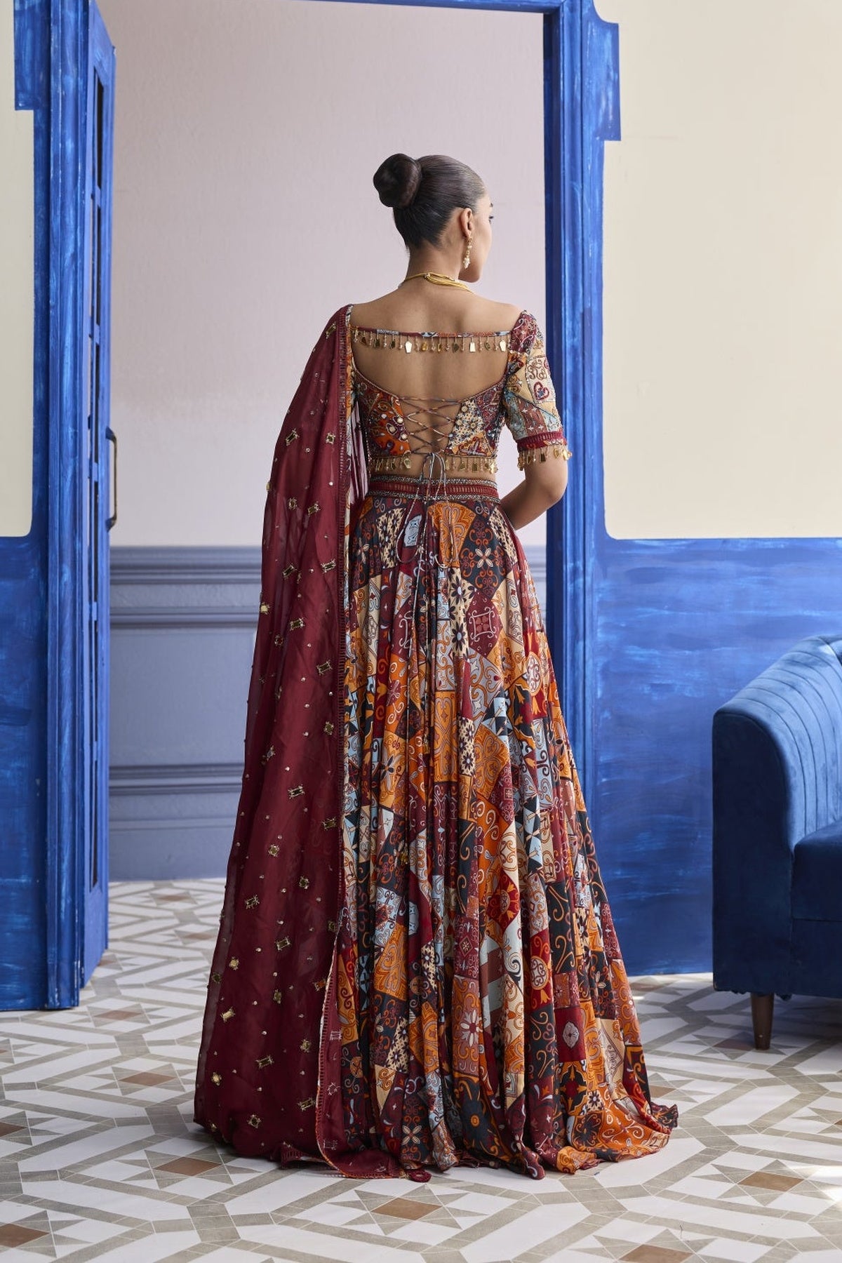 Rust Highlighted Blouse With Lehenga & Embroidered Dupatta Set