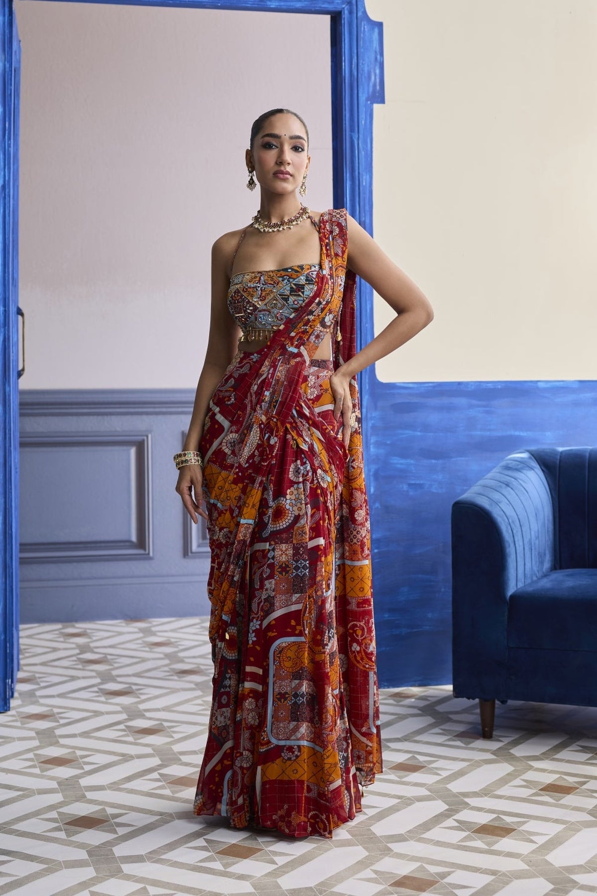 Rust Mosaic Blouse With Pre-Draped Panelled Saree Set
