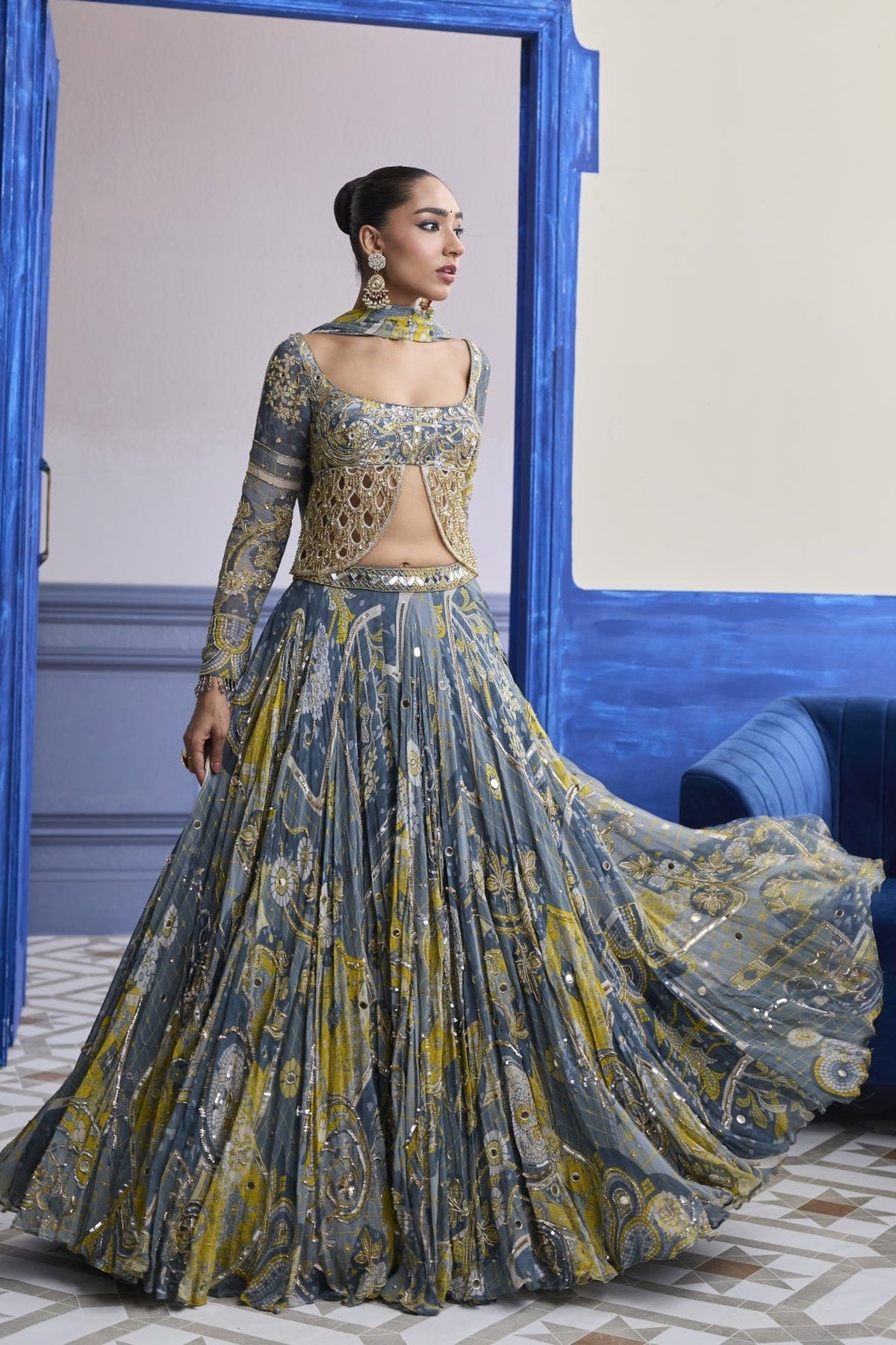 Grey Mosaic Scallop Cutwork Blouse With Highlighted Lehenga & Tassel Dupatta Set