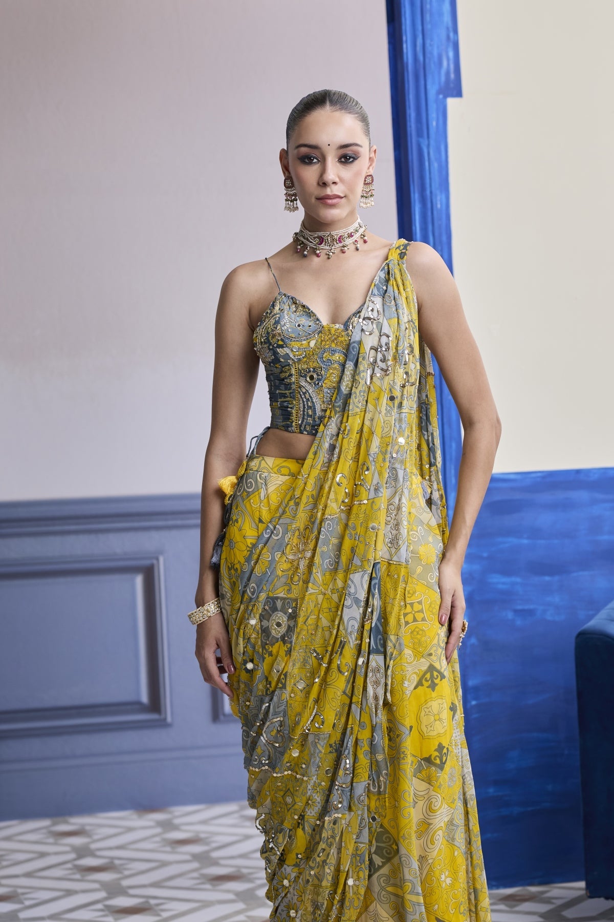 Yellow Grey Mosaic Ruched Corset With Drape Sharara Saree Set
