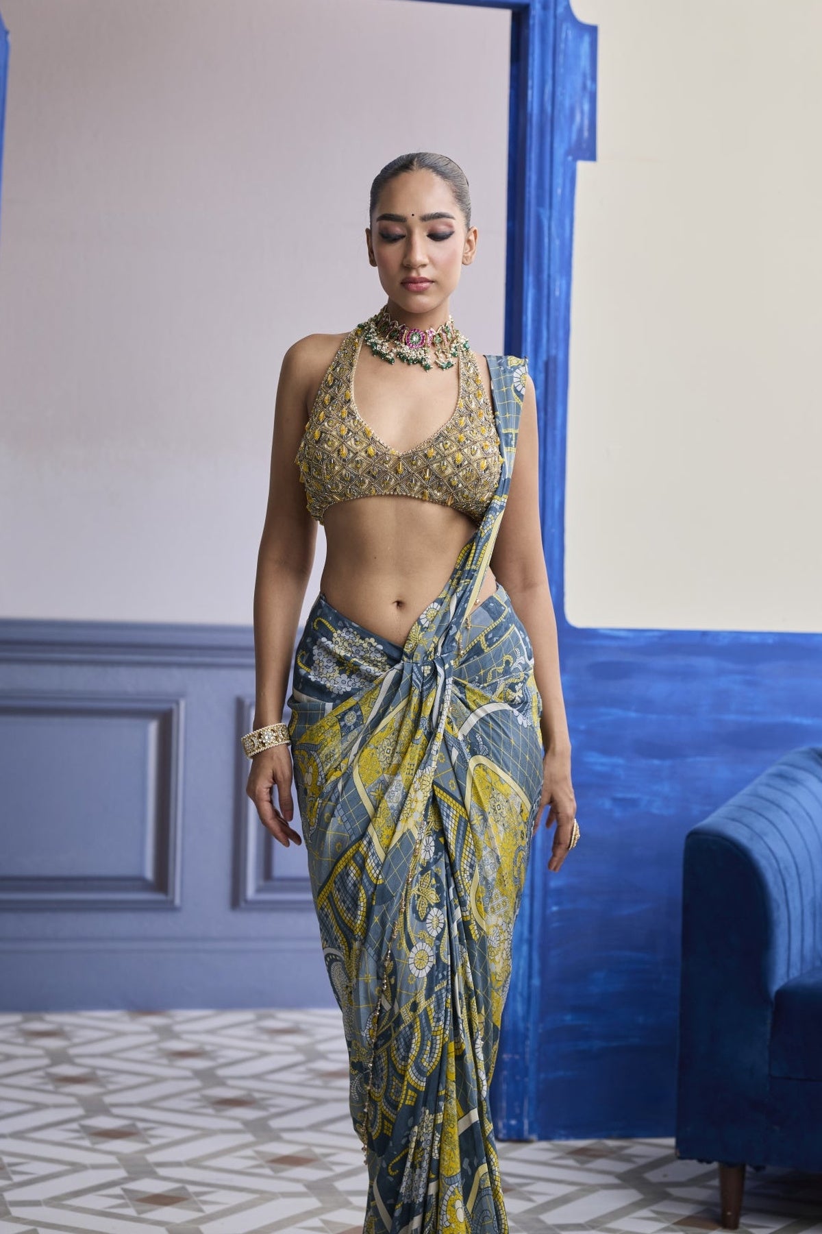 Grey & Yellow Geometric Halter Blouse With Dhoti Skirt Saree Set