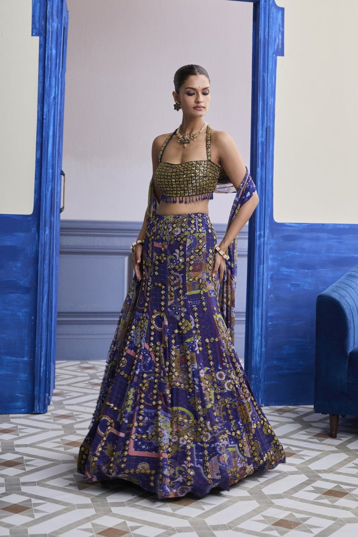 Neon Green Embroidered Blouse With Mermaid Skirt & Tassel Dupatta Set