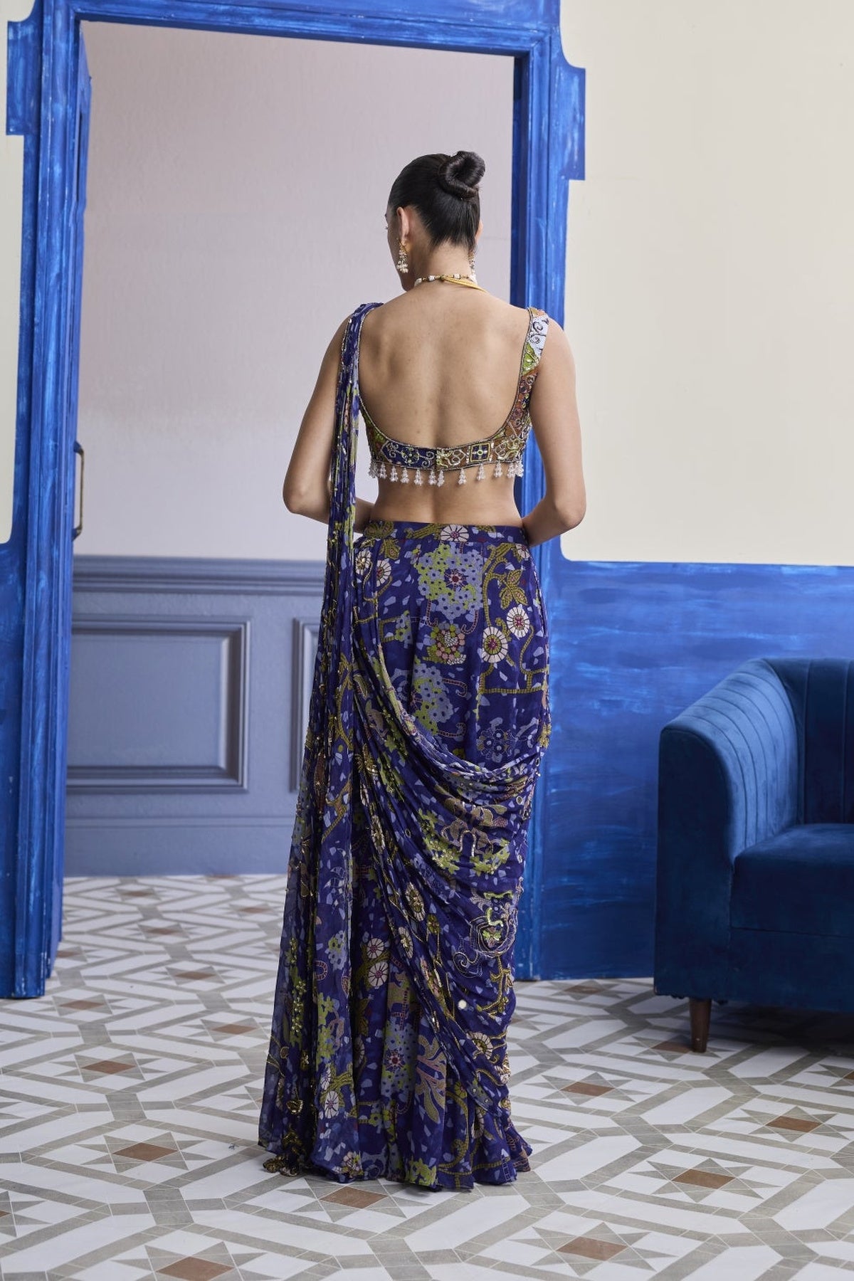 Violet Mosaic Blouse With Drape Sharara Saree Set
