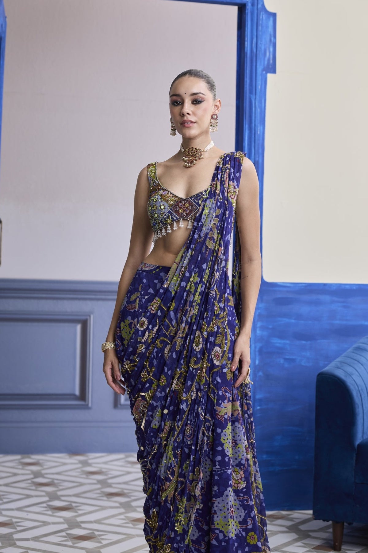 Violet Mosaic Blouse With Drape Sharara Saree Set