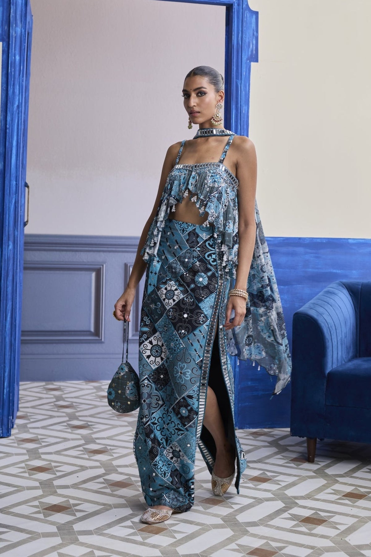 Teal & Black Mosaic Peplum With Slit Skirt & Choker Dupatta Set