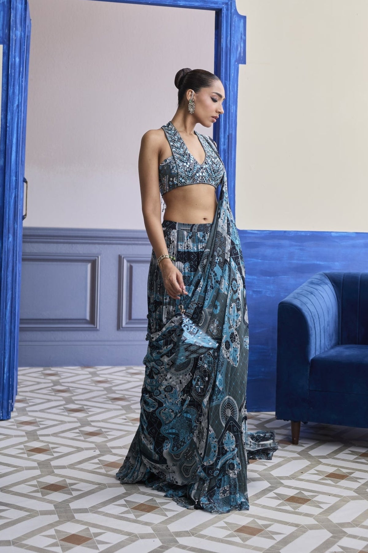 Teal Mosaic Halter Blouse With Tiered Skirt Saree Set