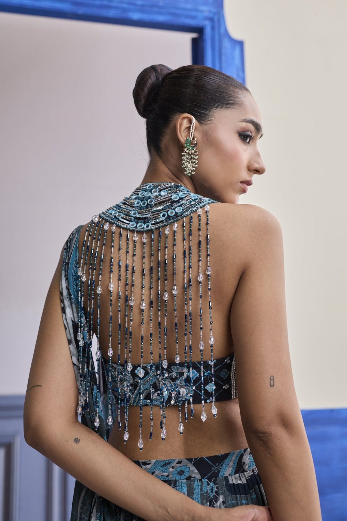 Teal Mosaic Halter Blouse With Tiered Skirt Saree Set