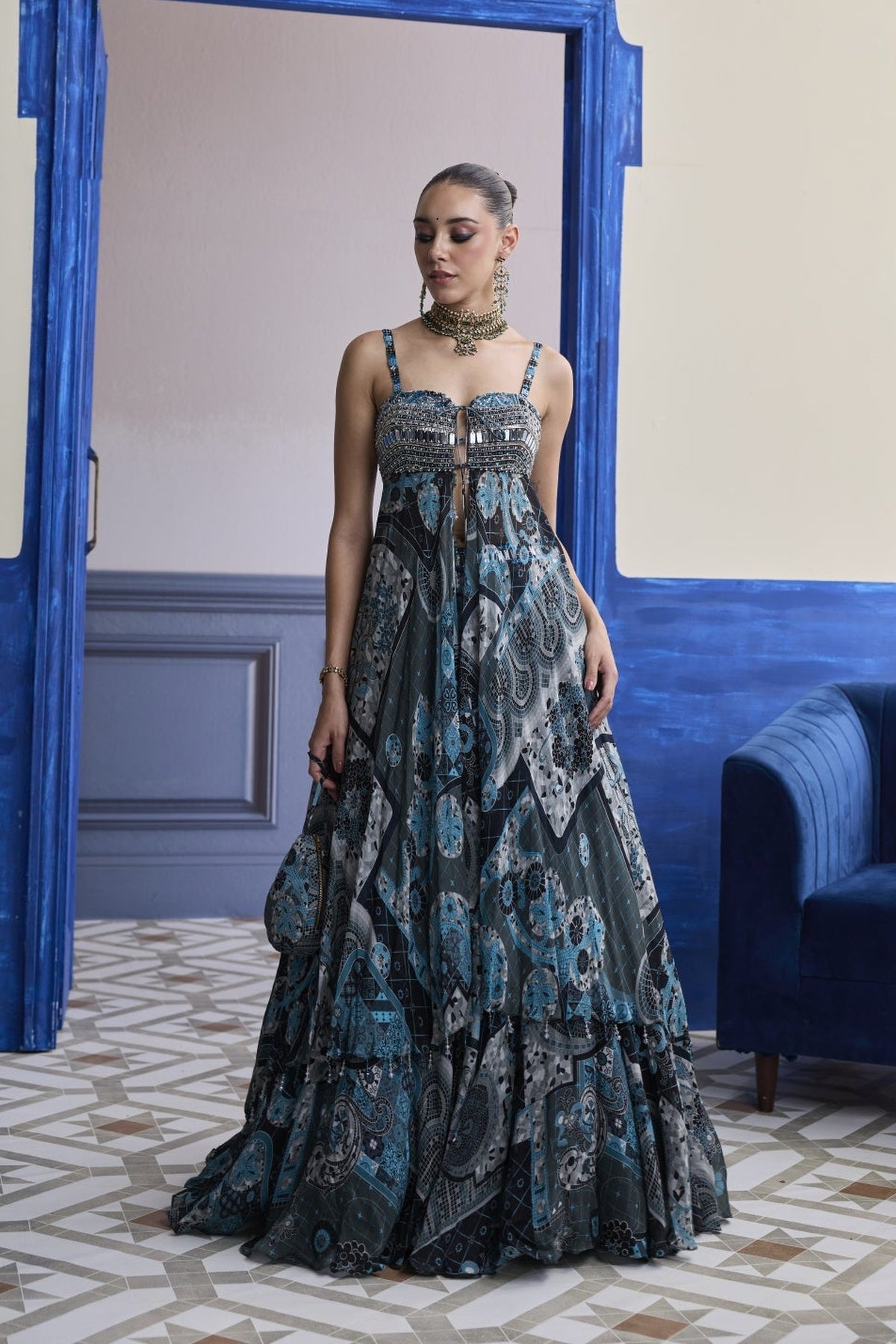 Teal & Black Mosaic Tunic Blouse With Printed Lehenga Set