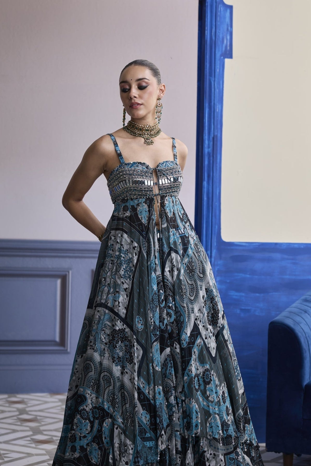 Teal & Black Mosaic Tunic Blouse With Printed Lehenga Set