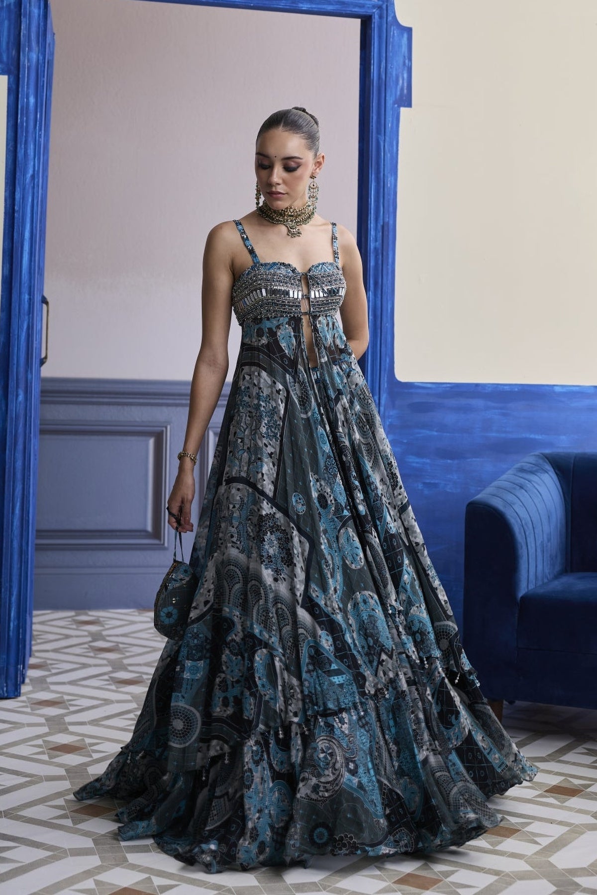 Teal & Black Mosaic Tunic Blouse With Printed Lehenga Set