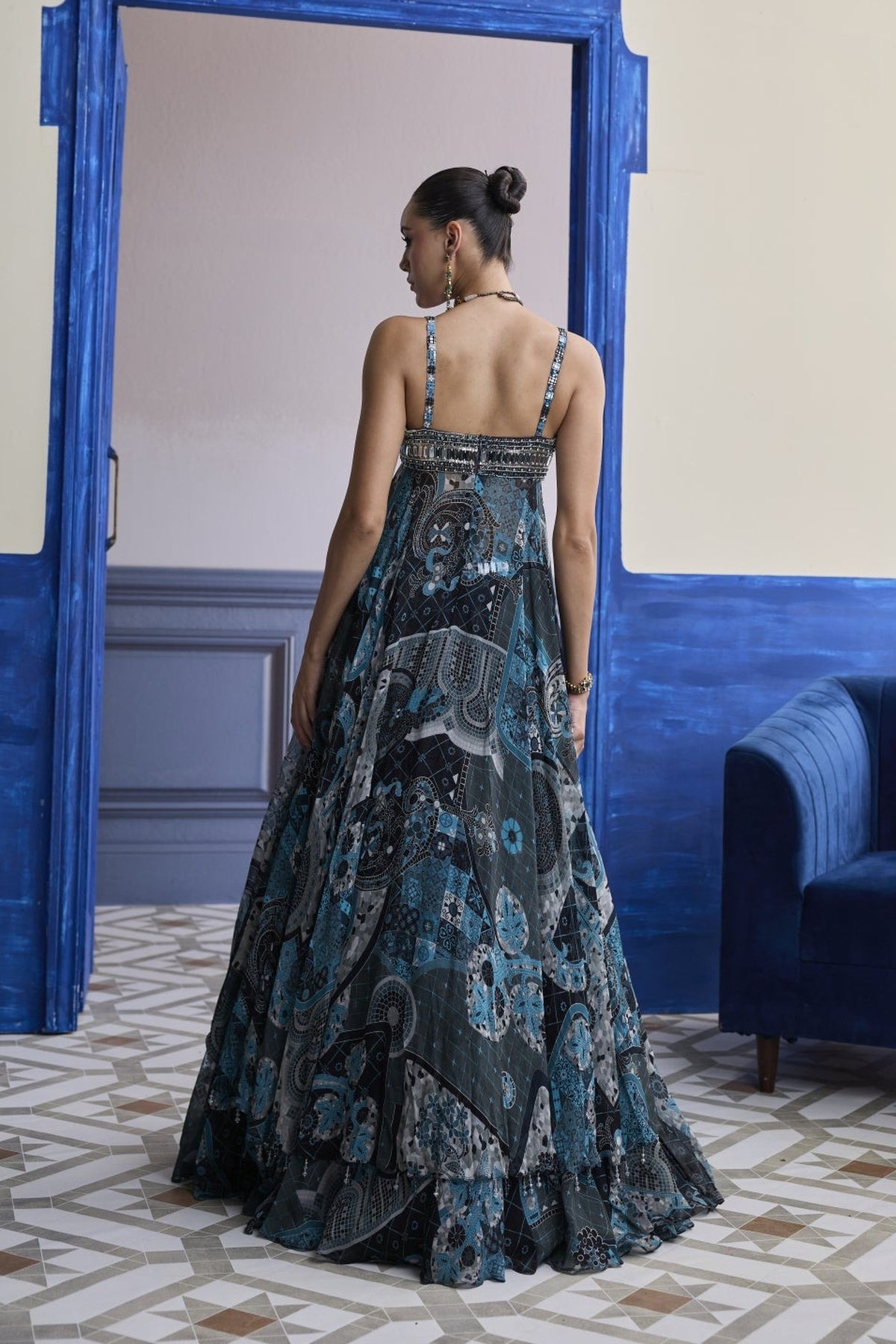Teal & Black Mosaic Tunic Blouse With Printed Lehenga Set