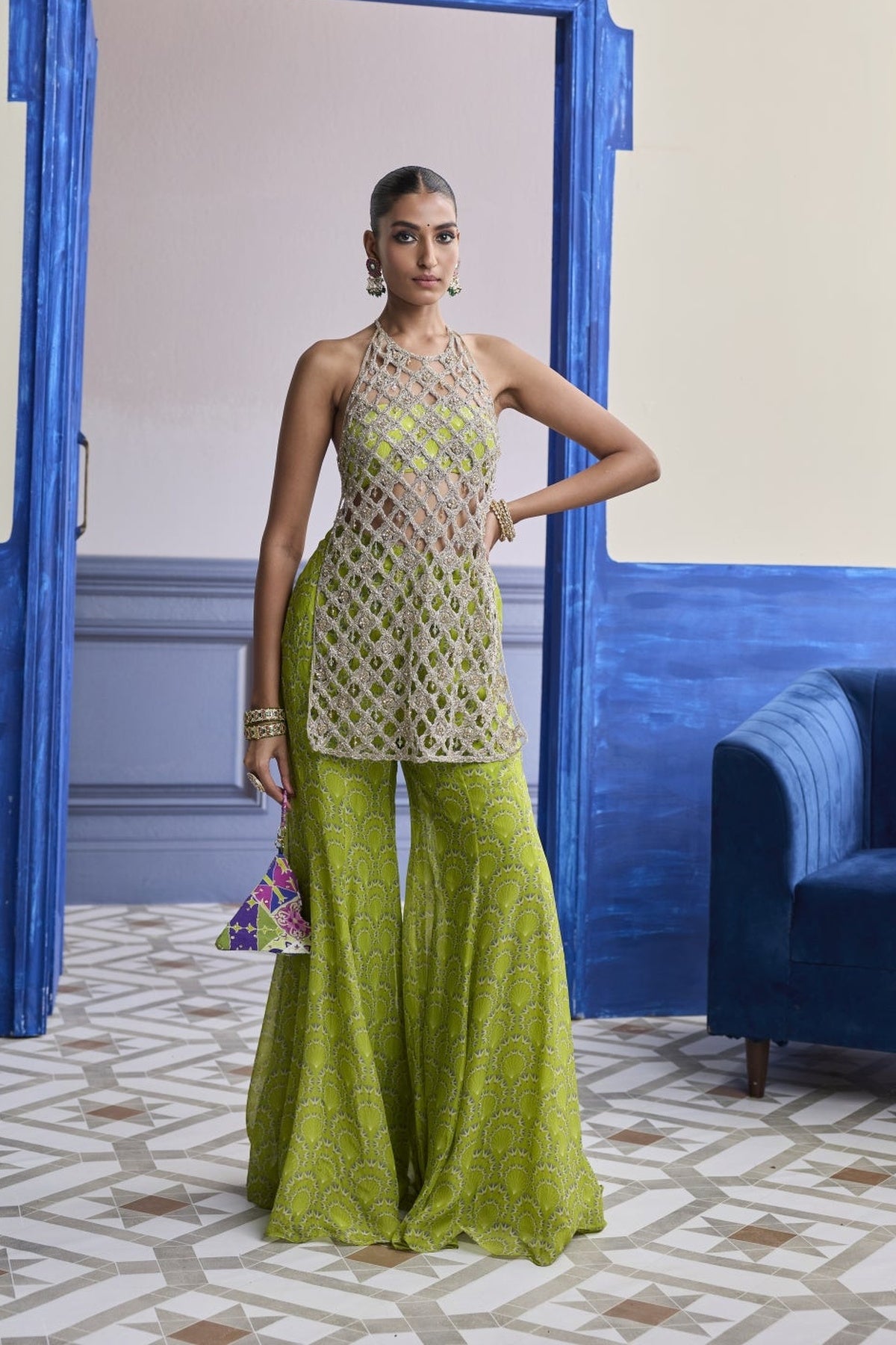 Neon Green Printed Bustier With Bell-Bottoms & Embroidered Cutwork Kurti Set