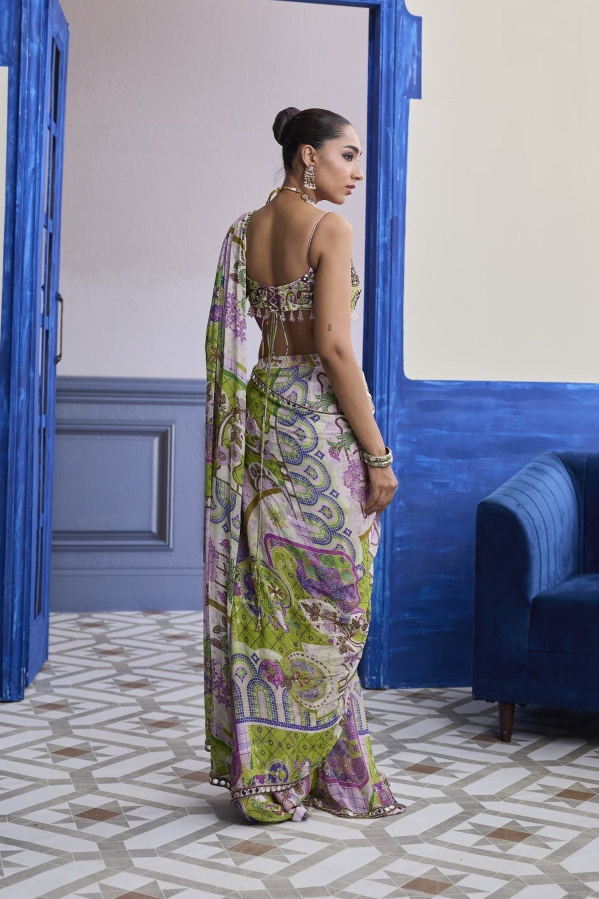Bubblegum Mosaic Scallop Blouse With Embroidery & Draped Saree Skirt Set