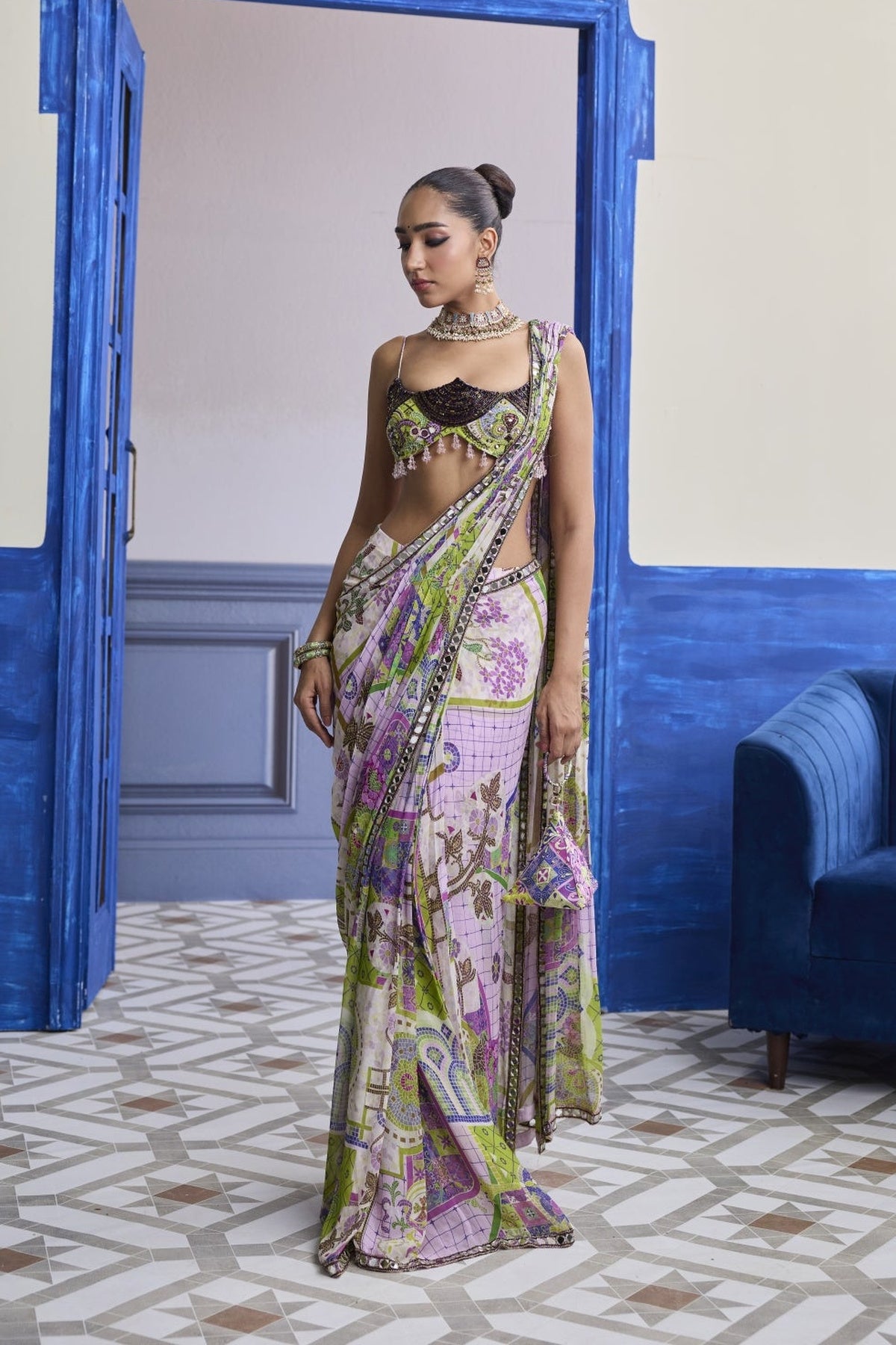 Bubblegum Mosaic Scallop Blouse With Embroidery & Draped Saree Skirt Set