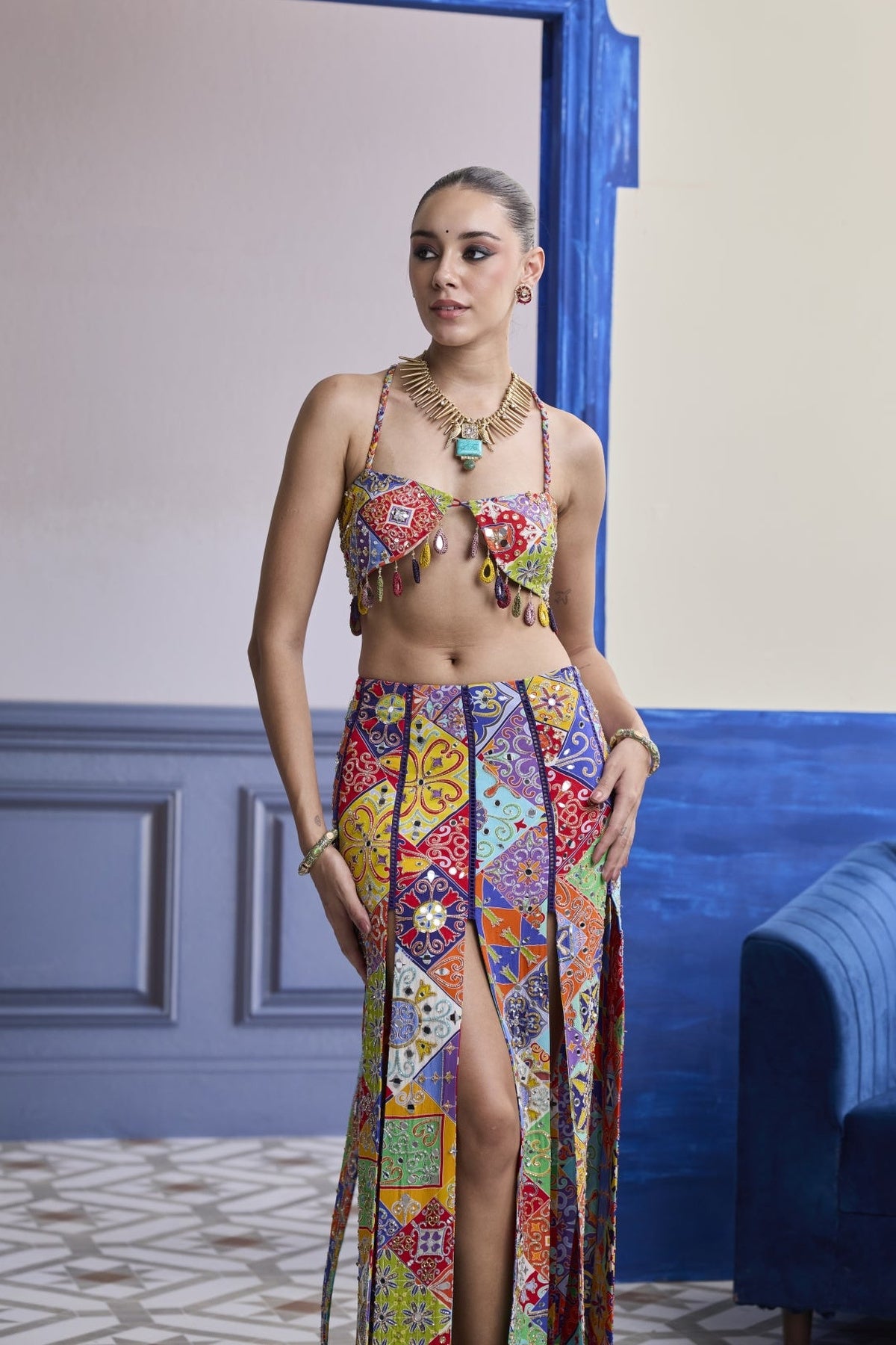 Multicolour Mosaic Crop Blouse With Mirror Tassels & Panelled Skirt Set